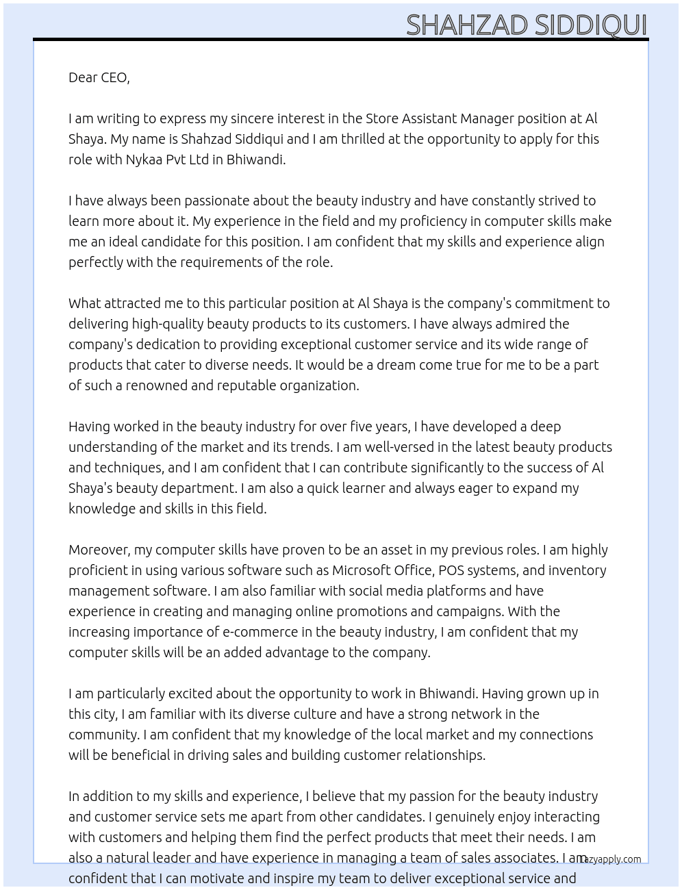Store assistant manager  At Al shaya Cover Letter