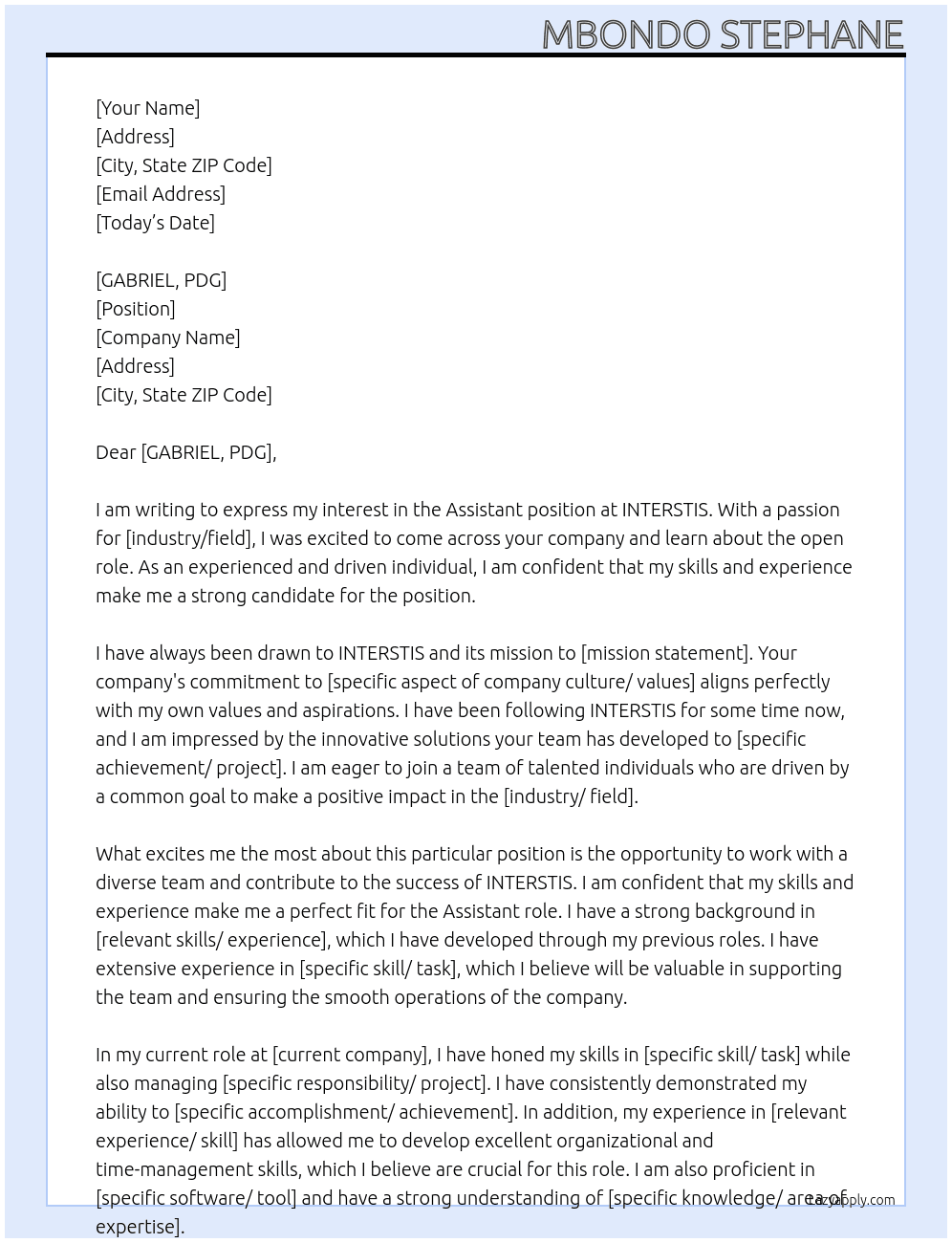 assistant At INTERSTIS Cover Letter