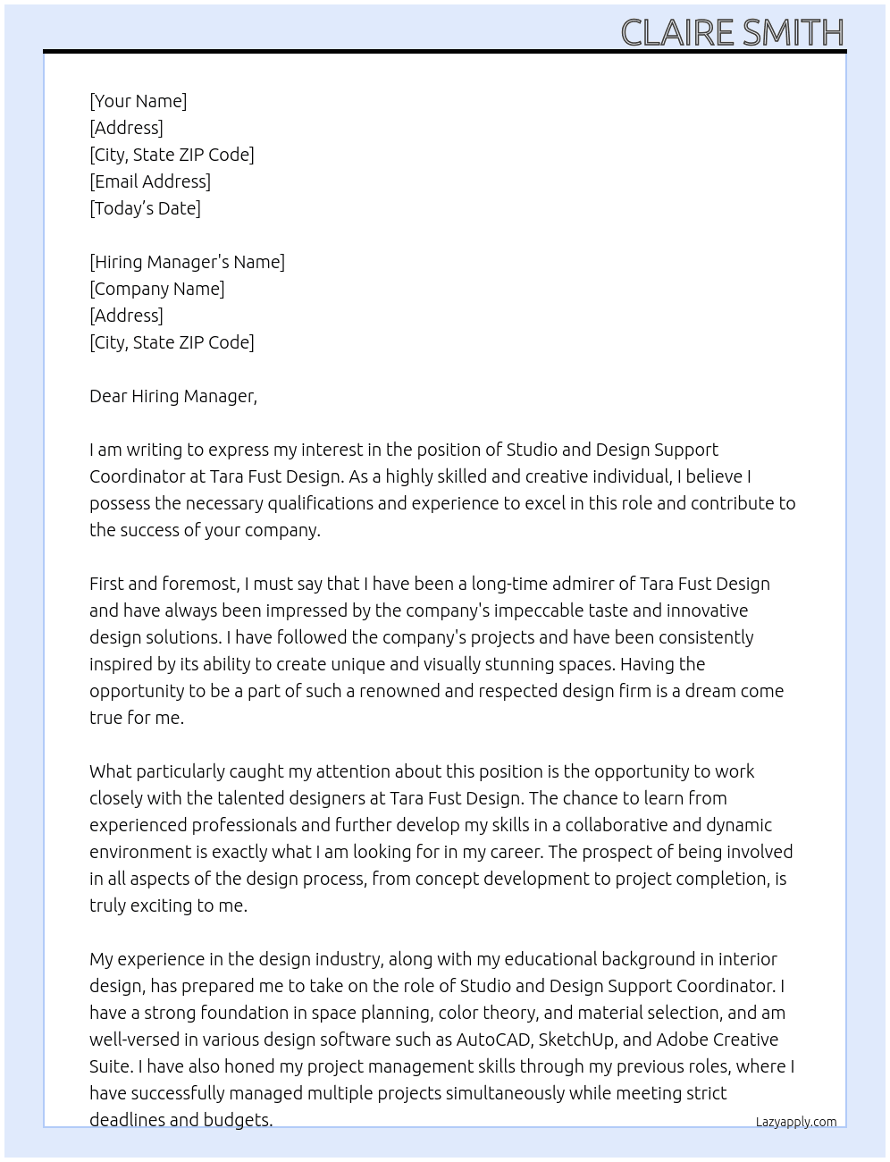 Studio and Design Support Coordinator At Tara Fust Design Cover Letter