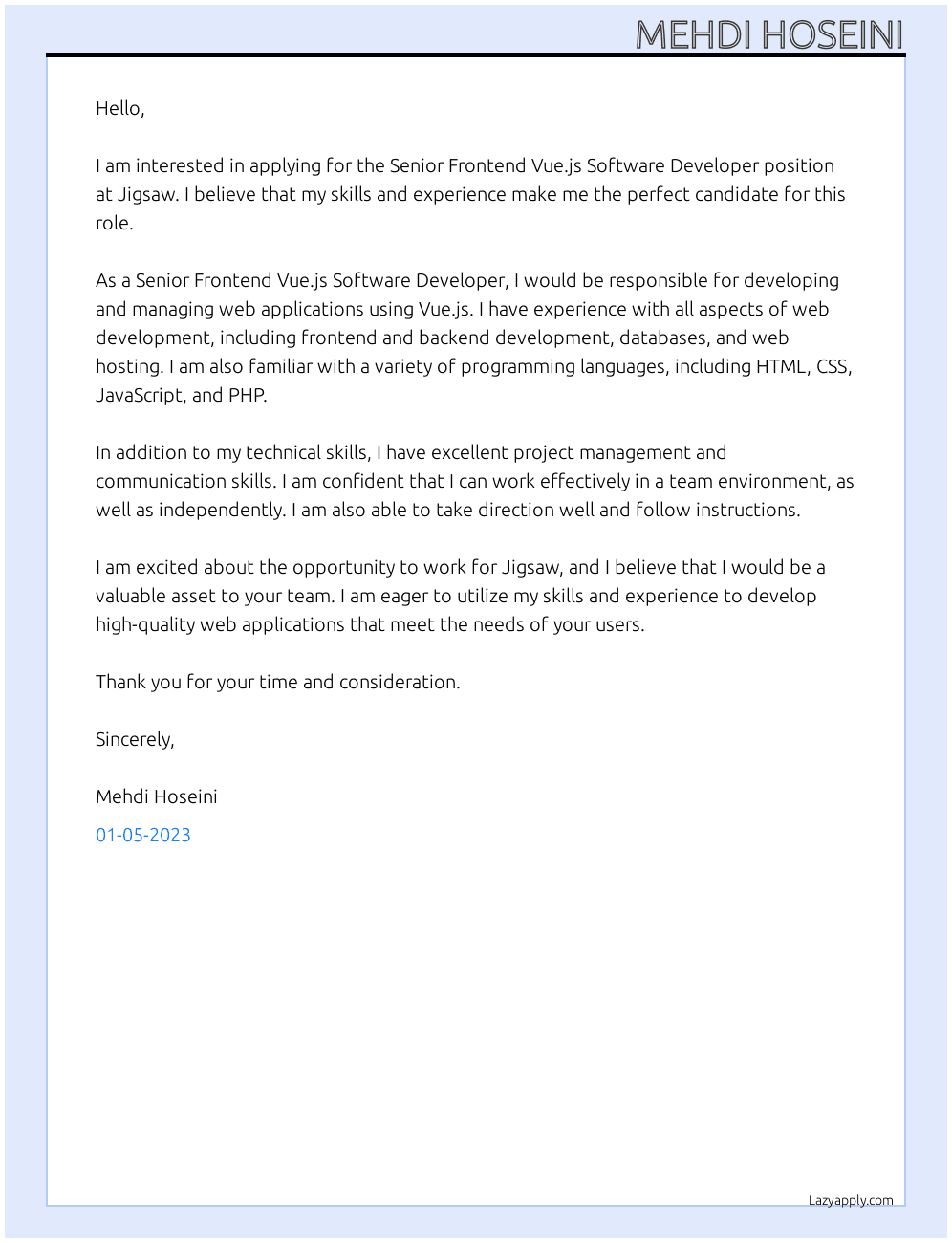 Cover letter for senior frontend vue.js software developer - LazyApply
