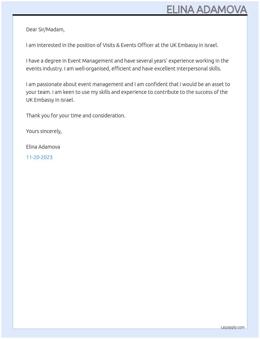 Visits & Events Officer At UK Embassy in Israel Cover Letter