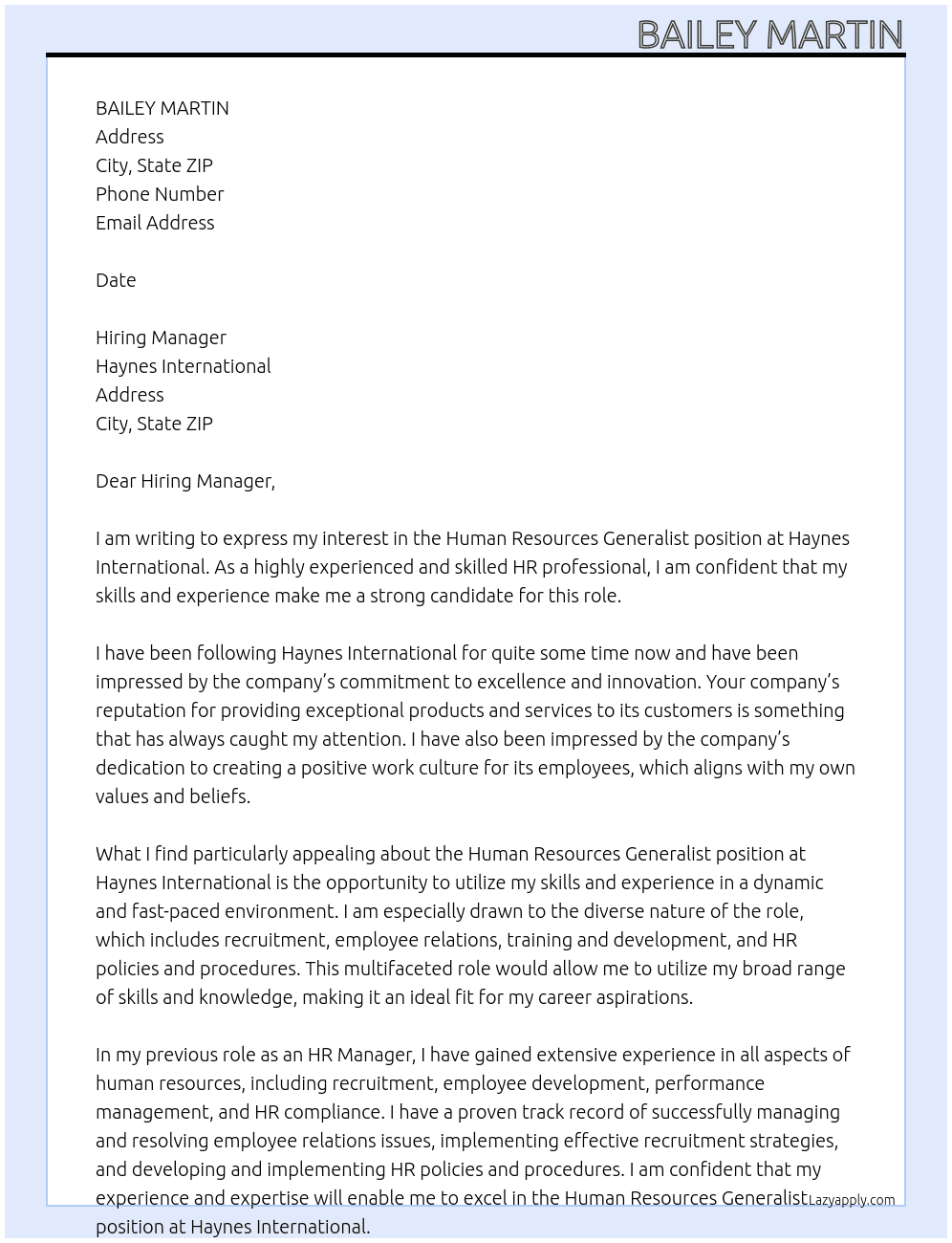 Human Resources Generalist At Haynes International Cover Letter