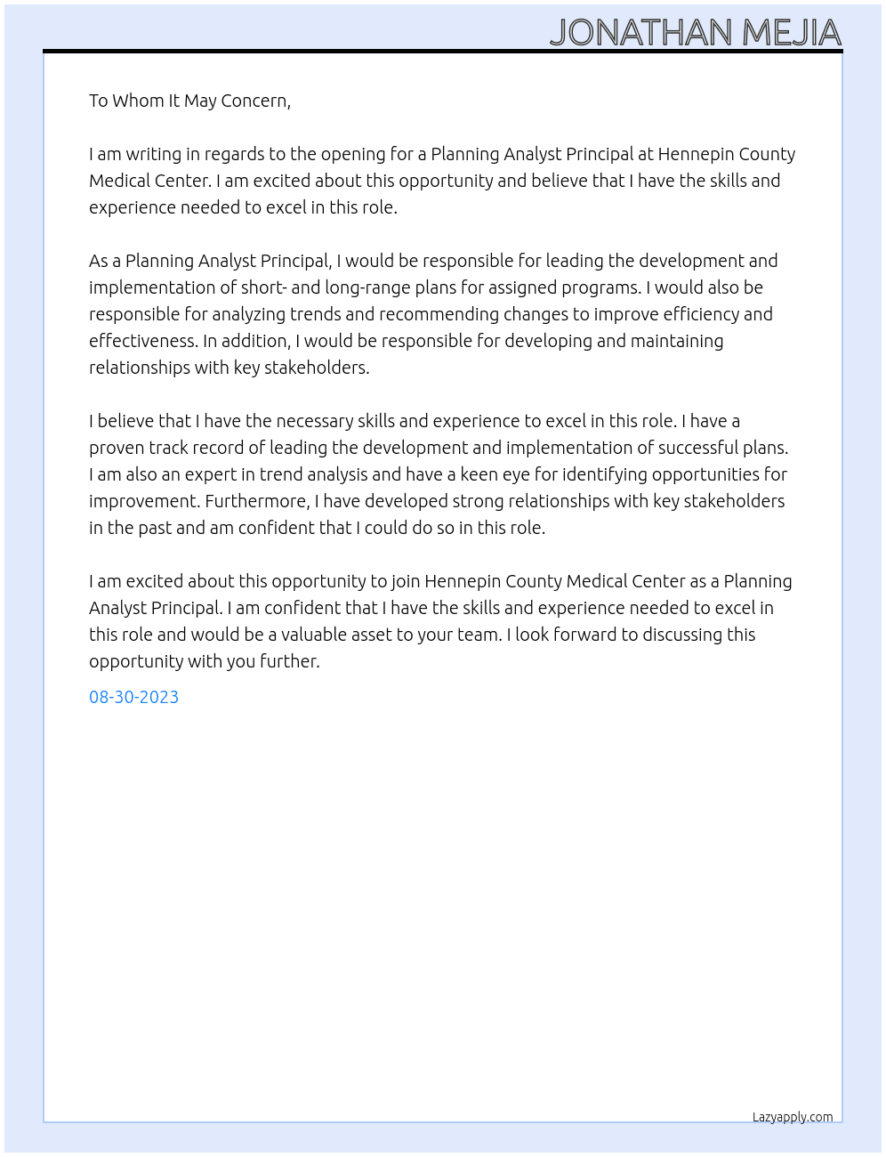 planning analyst principal  At Hennepin County Medical Center Cover Letter