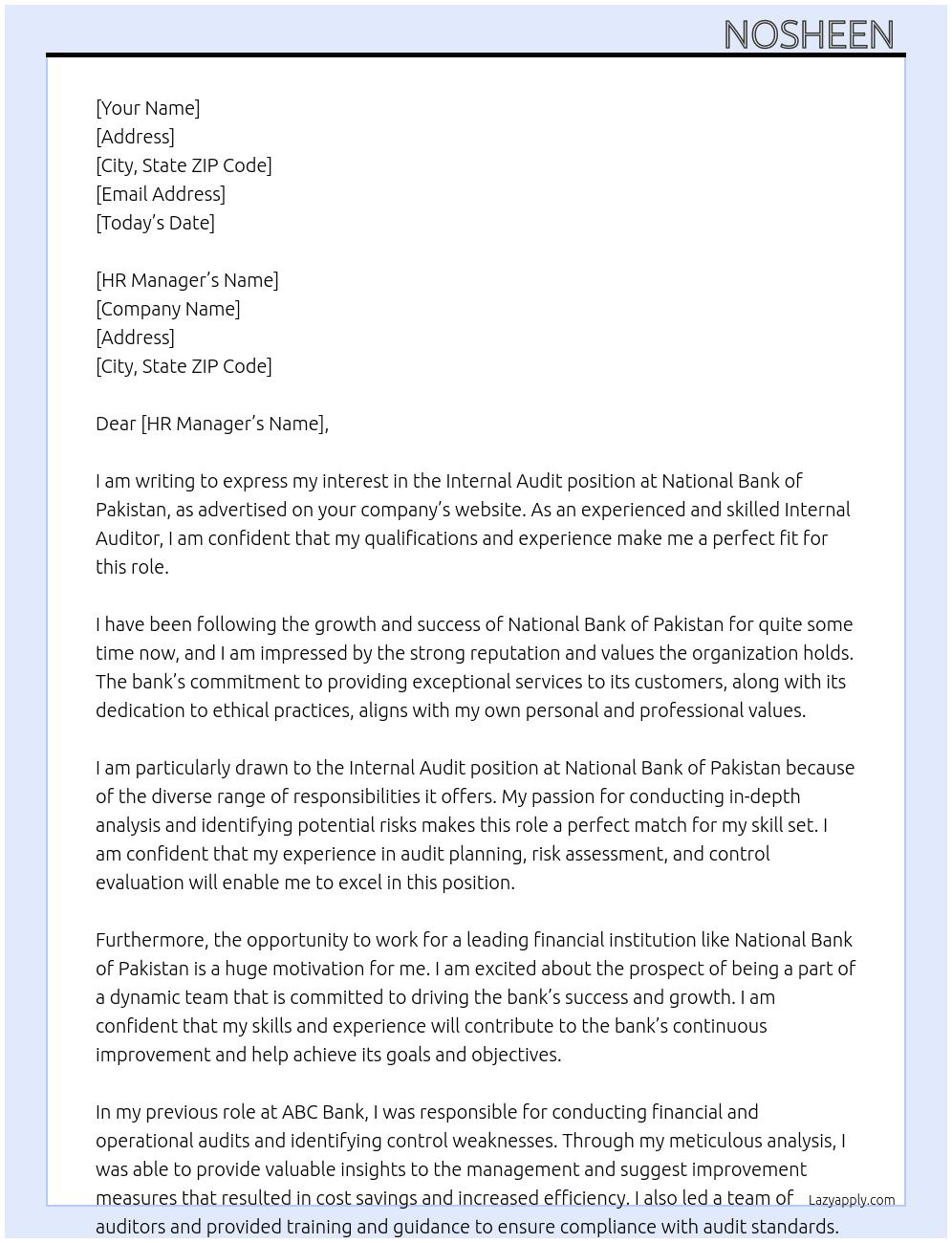 Internal Audit  At National Bank of Pakistan Cover Letter