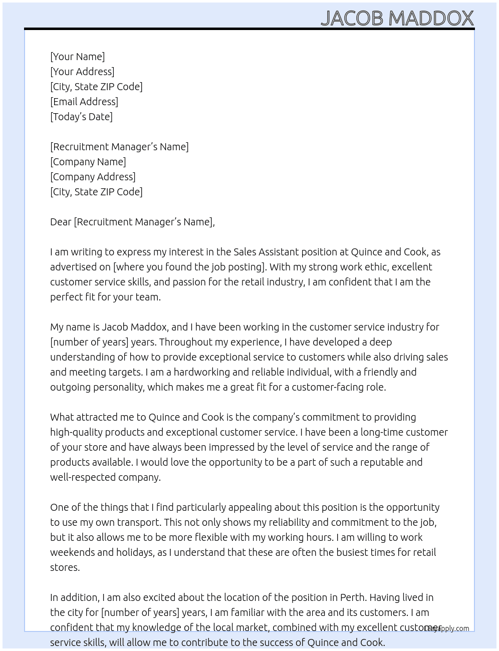 Sales Assistant At Quince and Cook Cover Letter