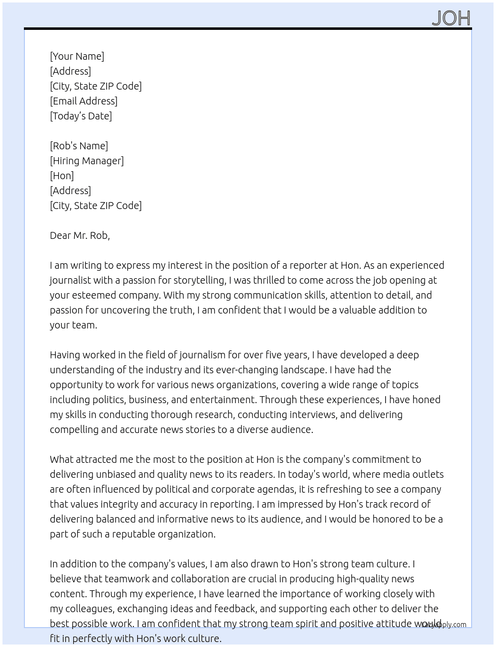 reporter At hon Cover Letter