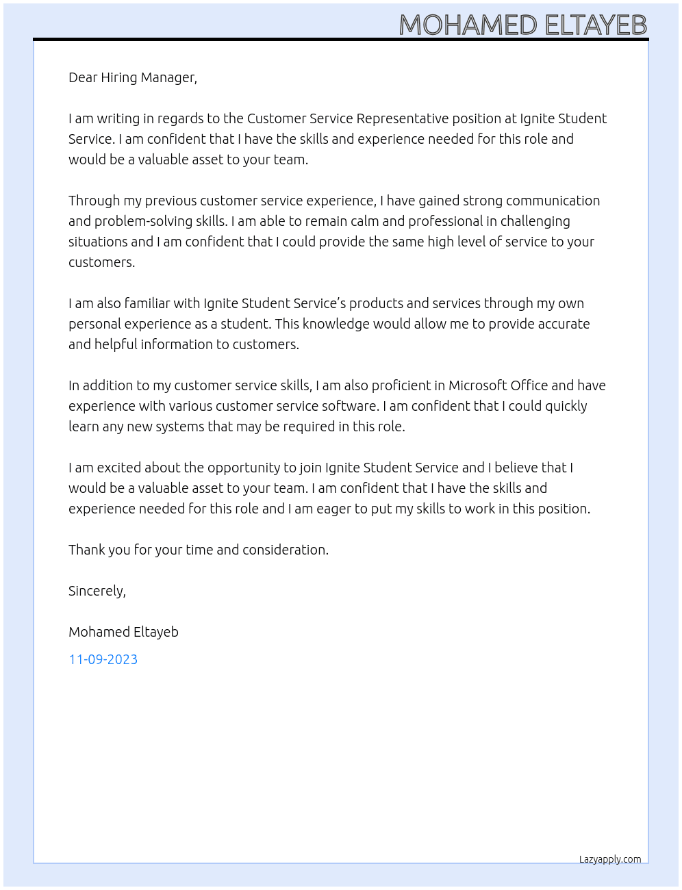 Customer Service Representative At Ignite Student Service Cover Letter