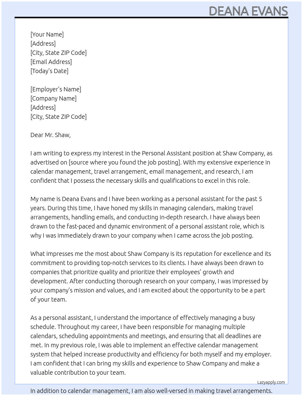 Personal Assistant At Shaw Company Cover Letter