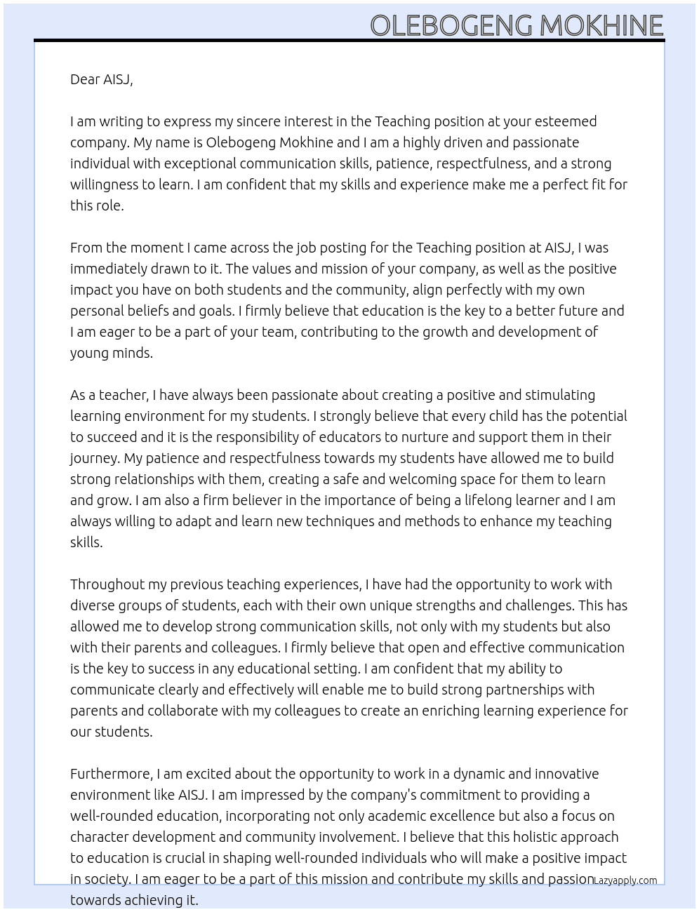 Teaching At AISJ Cover Letter