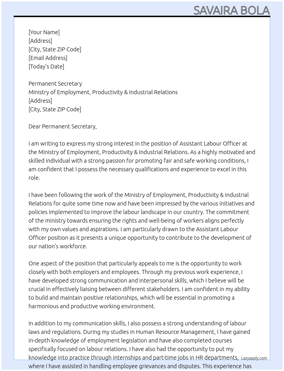 Assistant Labour Officer At Ministry of Employment, Productivity & Industrial Relations Cover Letter