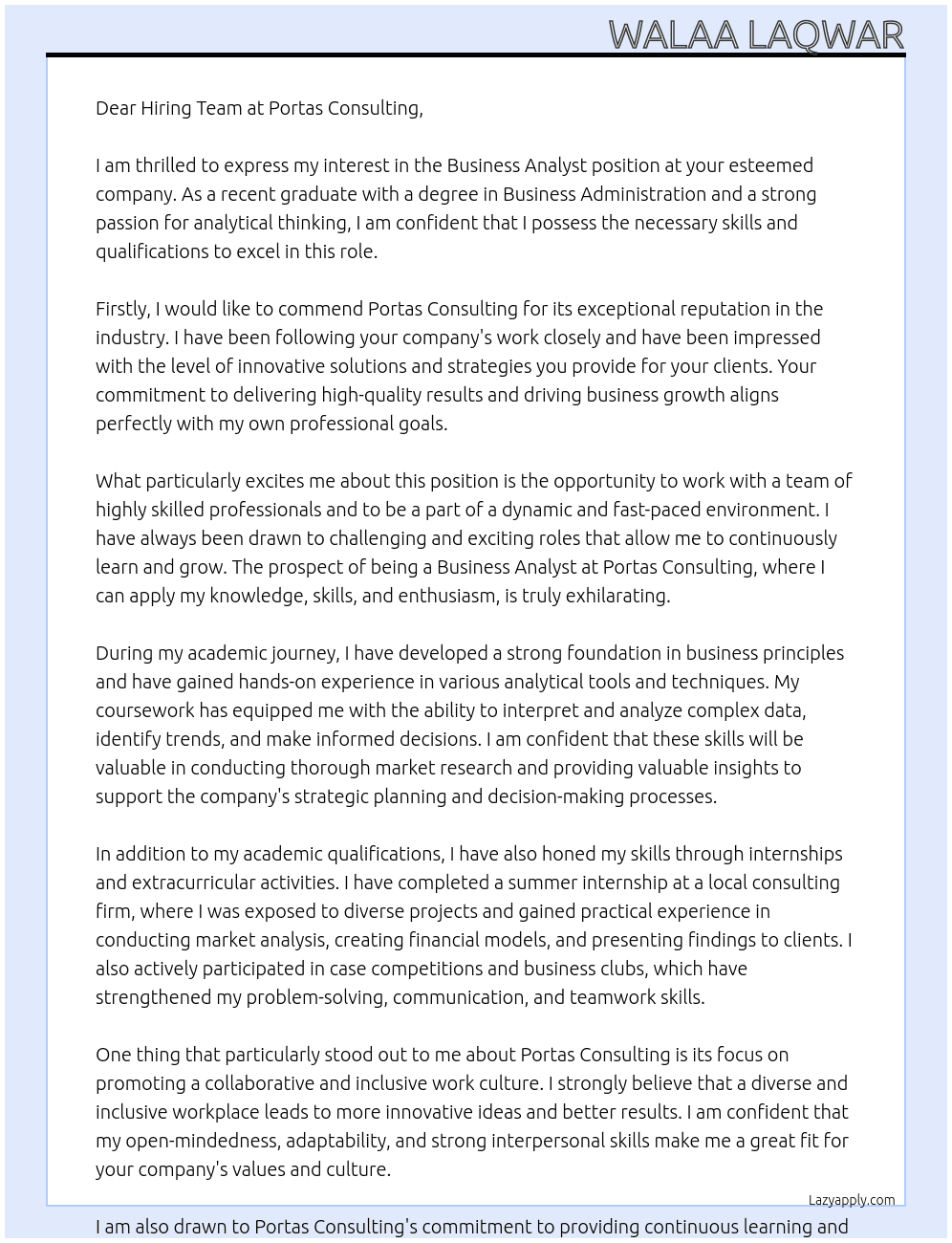 Business analyst fresh graduate  At Portas Consulting  Cover Letter