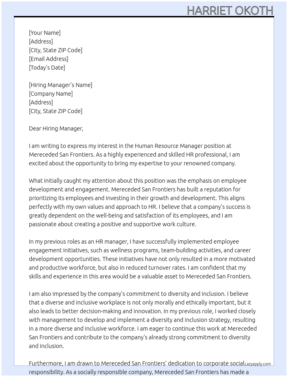 Human Resource Manager At Mereceded San Frontiers Cover Letter