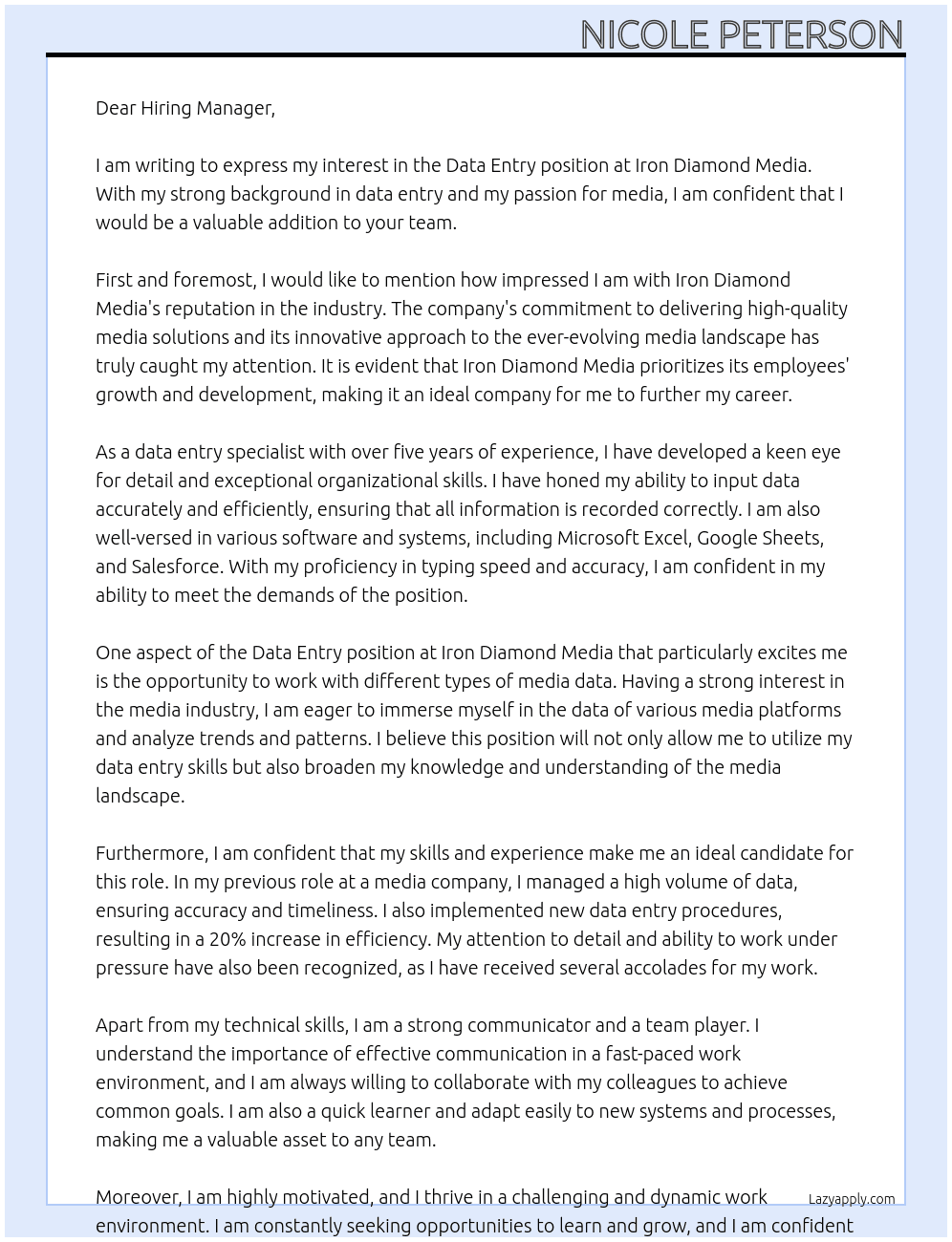 Data entry  At Iron Diamond Media Cover Letter