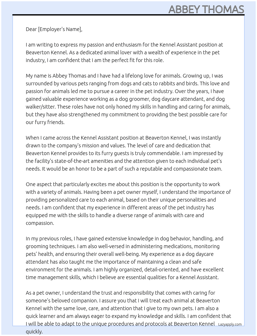 kennel assistant At Beaverton Kennel Cover Letter