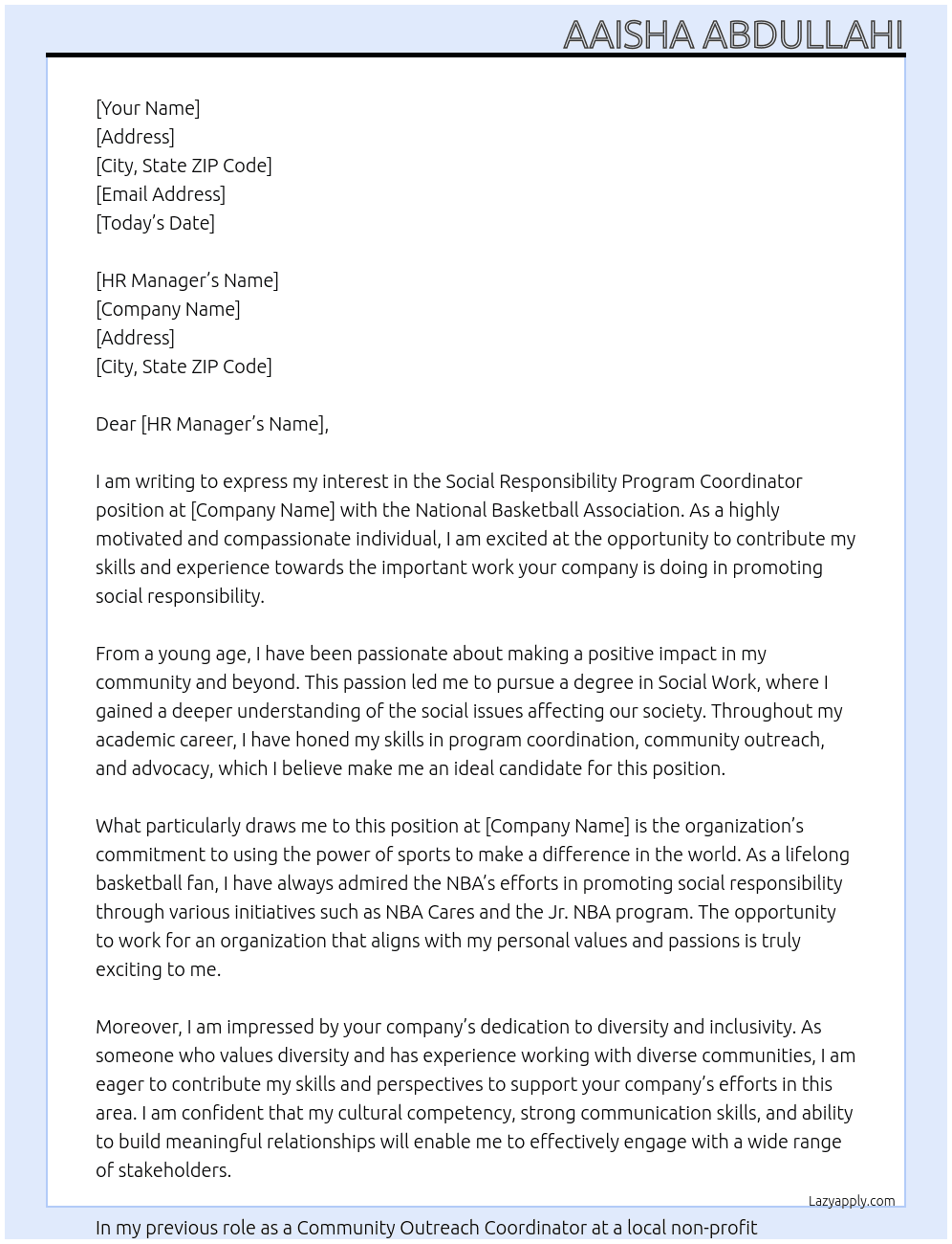 social responsibility program coordinator At National Basketball Association  Cover Letter