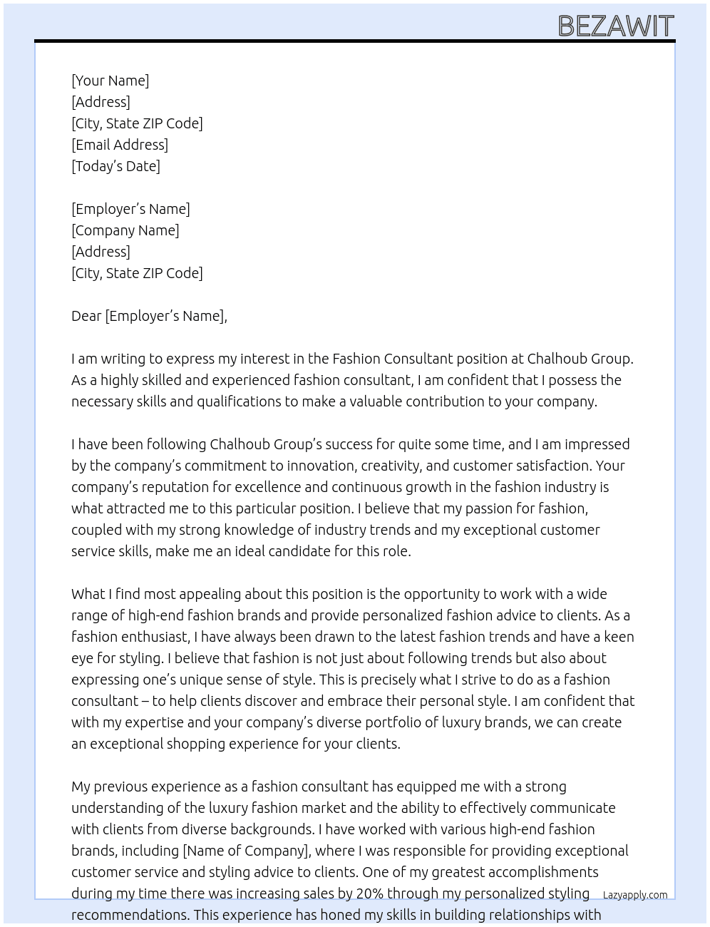 Fashion consultant  At Chalhoub Group  Cover Letter