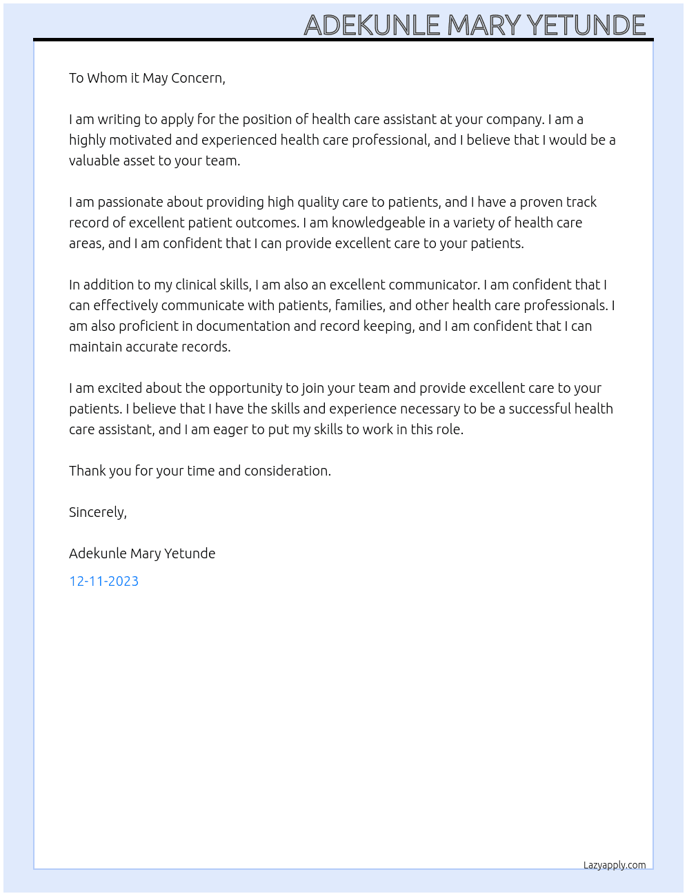 Health care assistant  At Health care assistant  Cover Letter