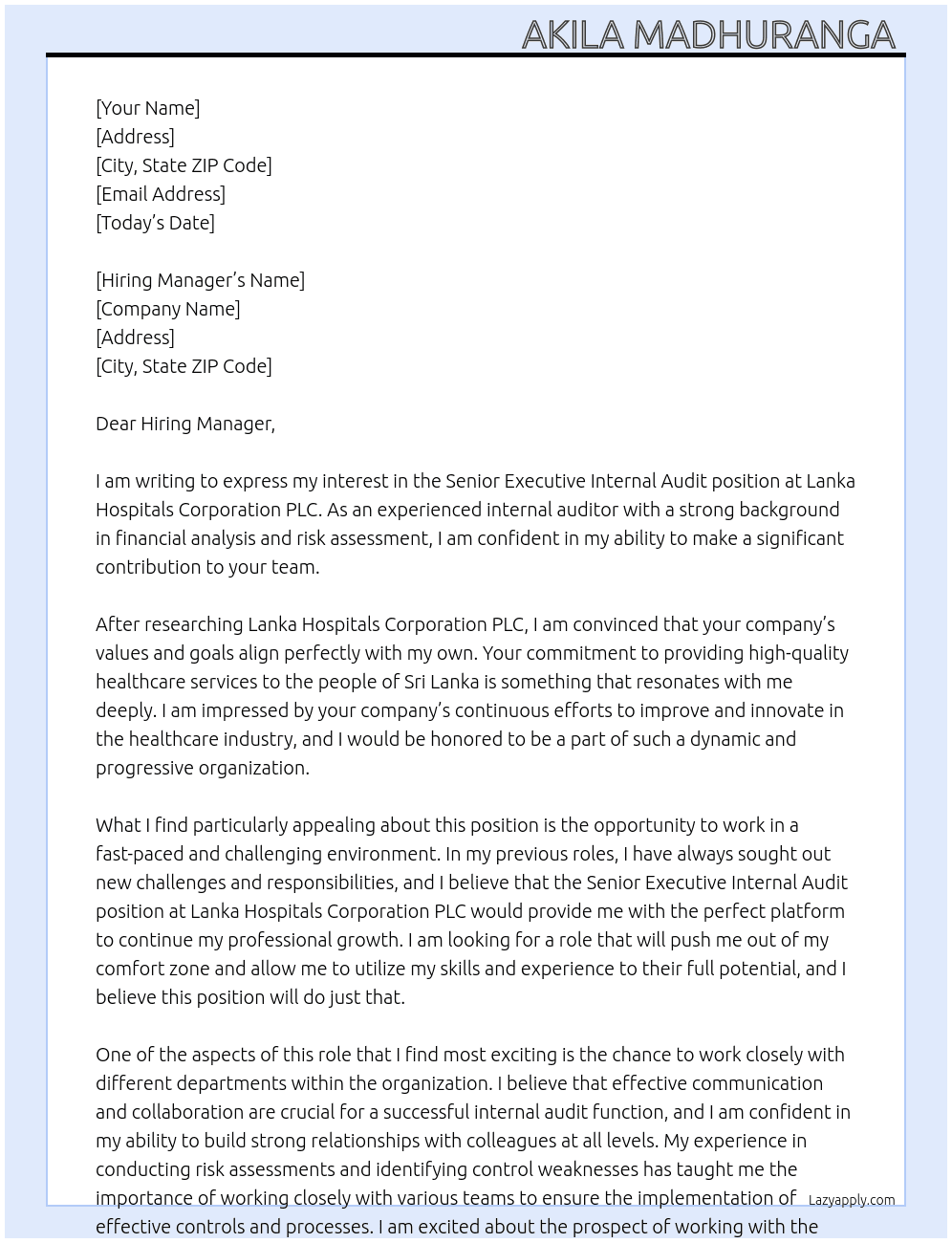 Senior Executive Internal Audit At Lanka Hospitals Corporation PLC Cover Letter