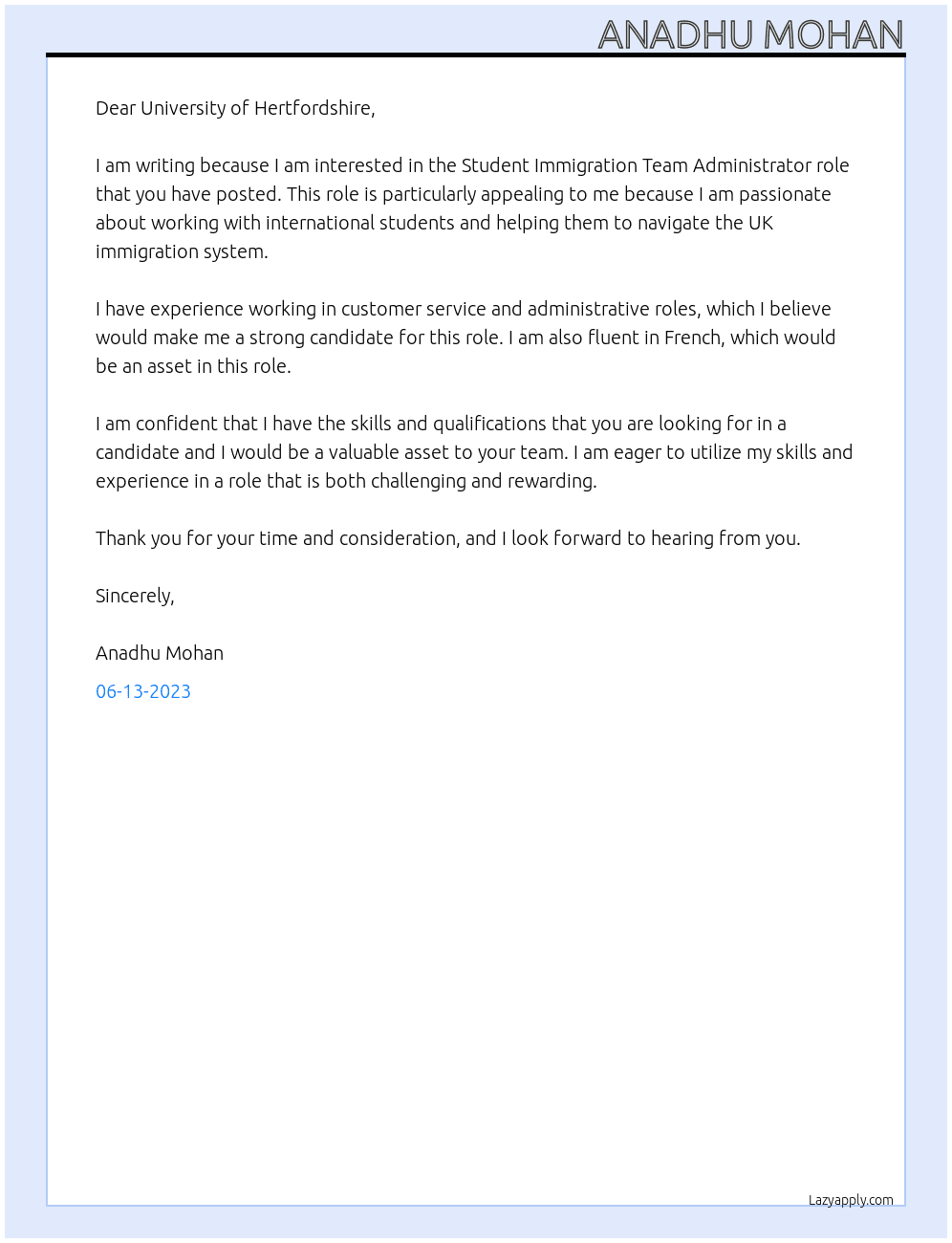 Student Immigration Team Administrators At University of Hertfordshire  Cover Letter