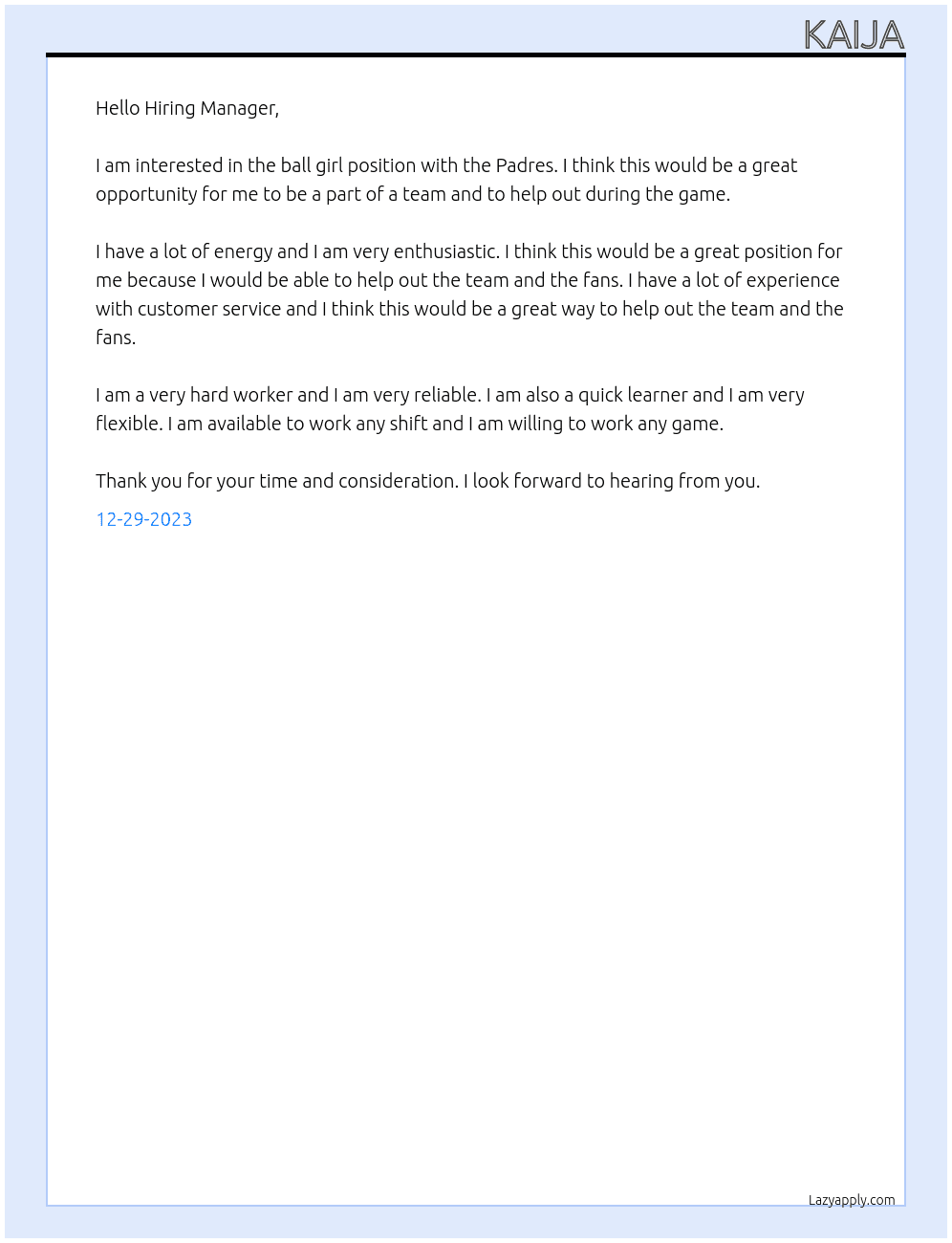 Ball Girl At Padres Cover Letter