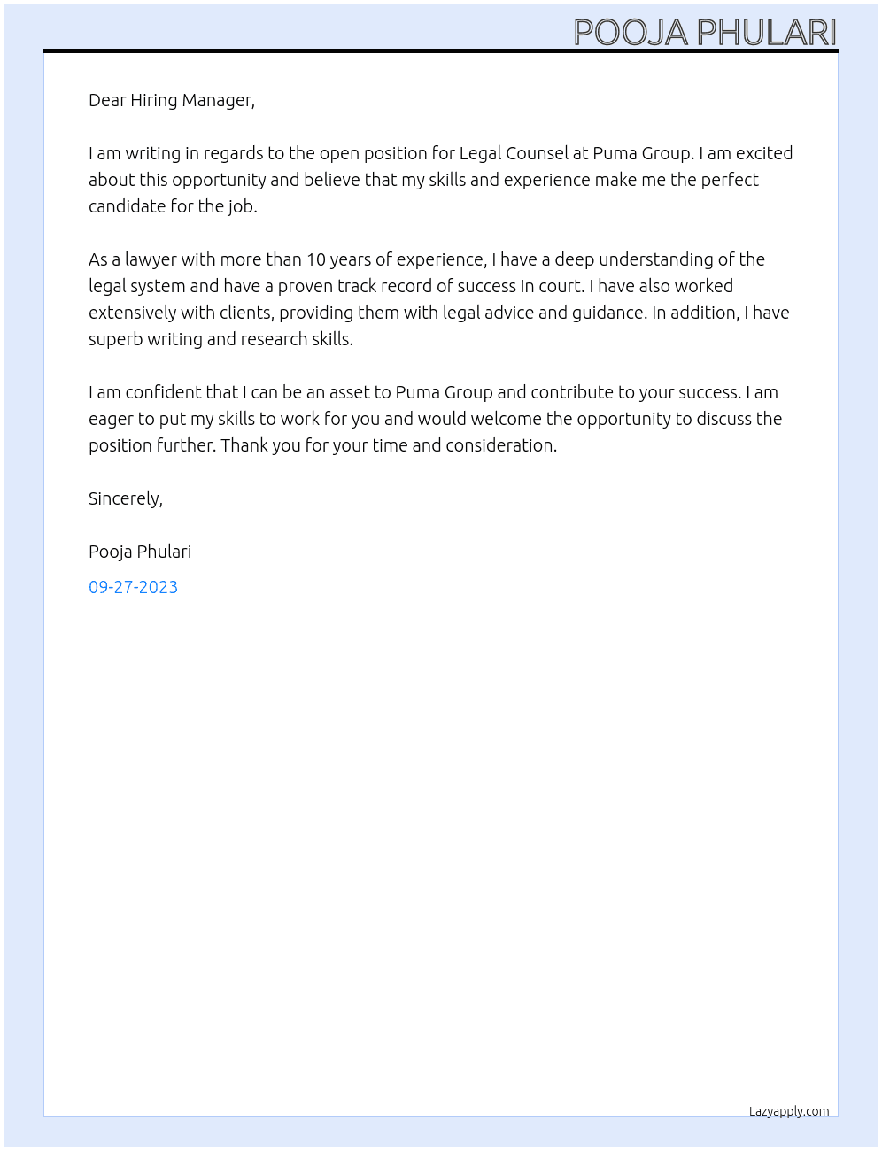 Legal Counsel At Puma group Cover Letter