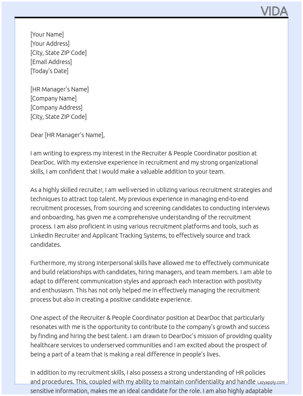 Recruiter & People Coordinator At DearDoc Cover Letter