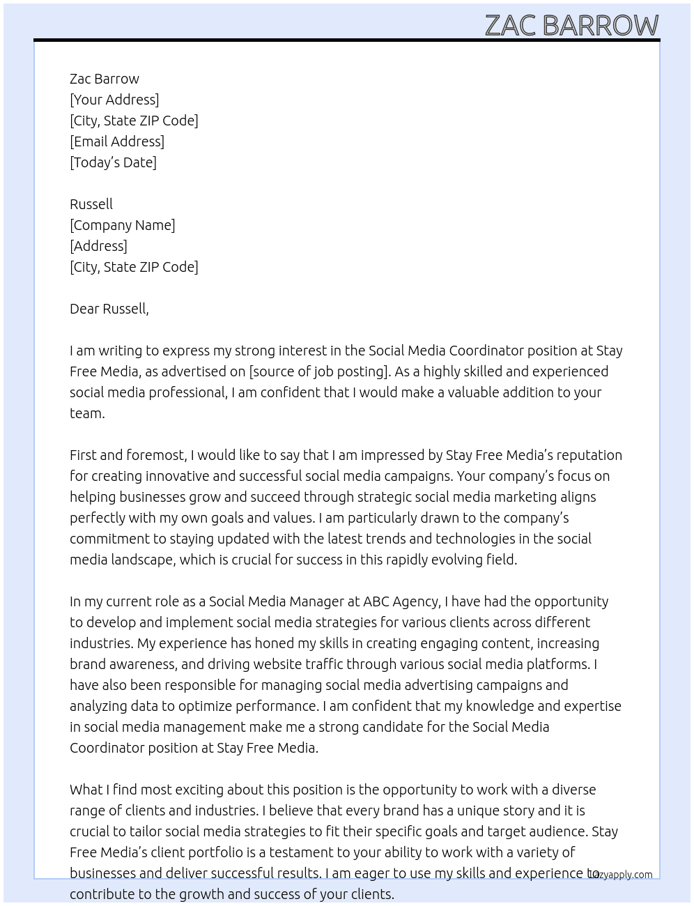 Social Media Coordinator At Stay Free Media Cover Letter