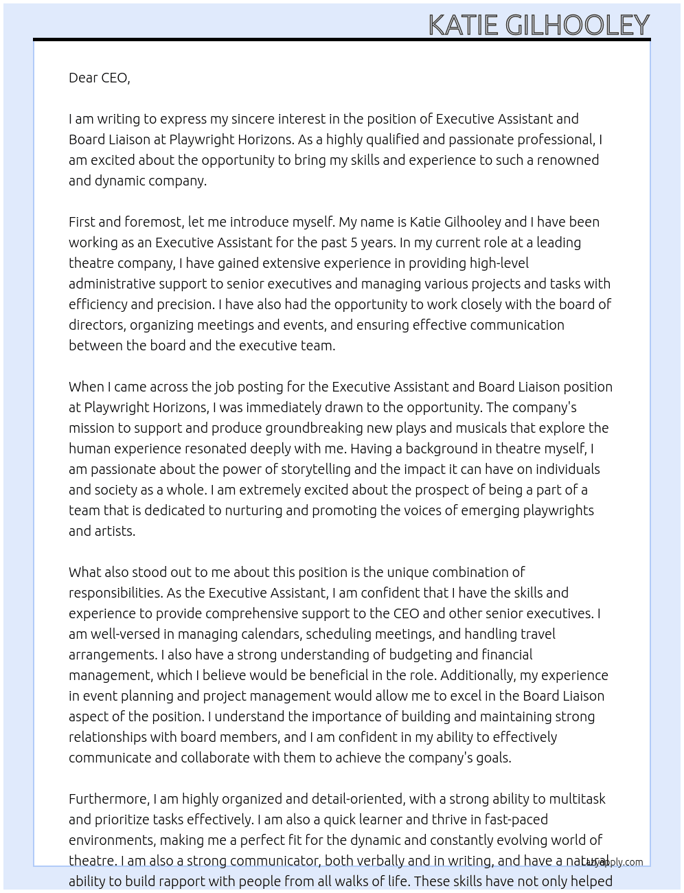 Executive Assistant and Board Liaison At Playwright Horizons Cover Letter