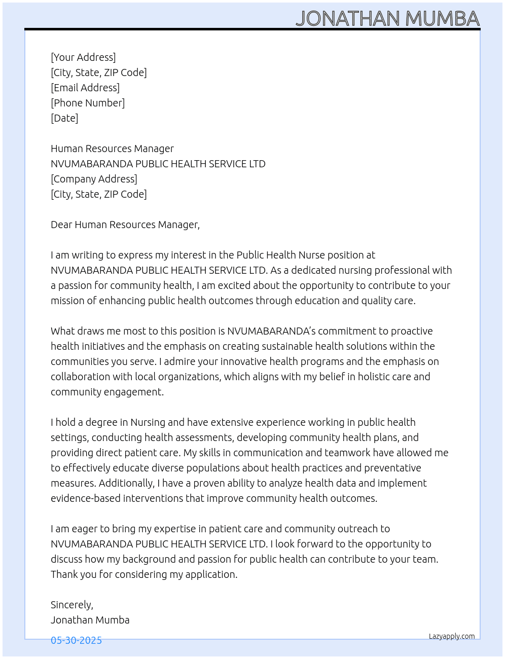 Public health Nurse At NVUMABARANDA PUBLIC HEALTH SERVICE LTD Cover Letter
