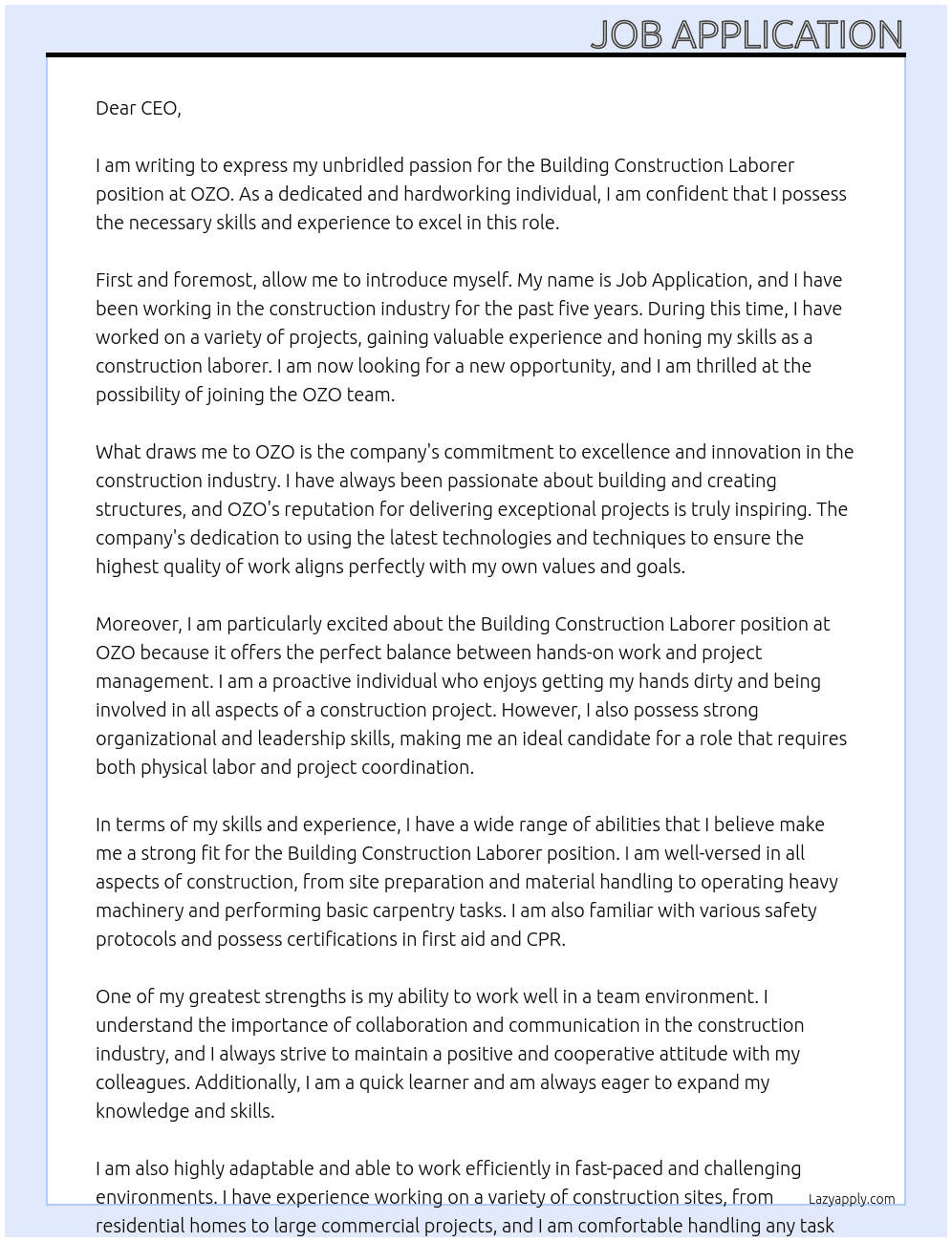 Building Construction Laborer At OZO Cover Letter