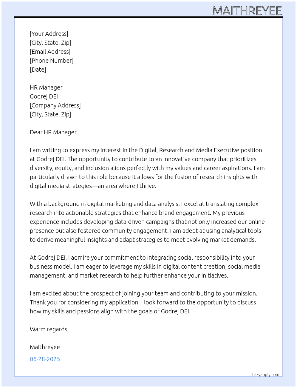 Digital, Research and Media Executive At Godrej DEI Cover Letter