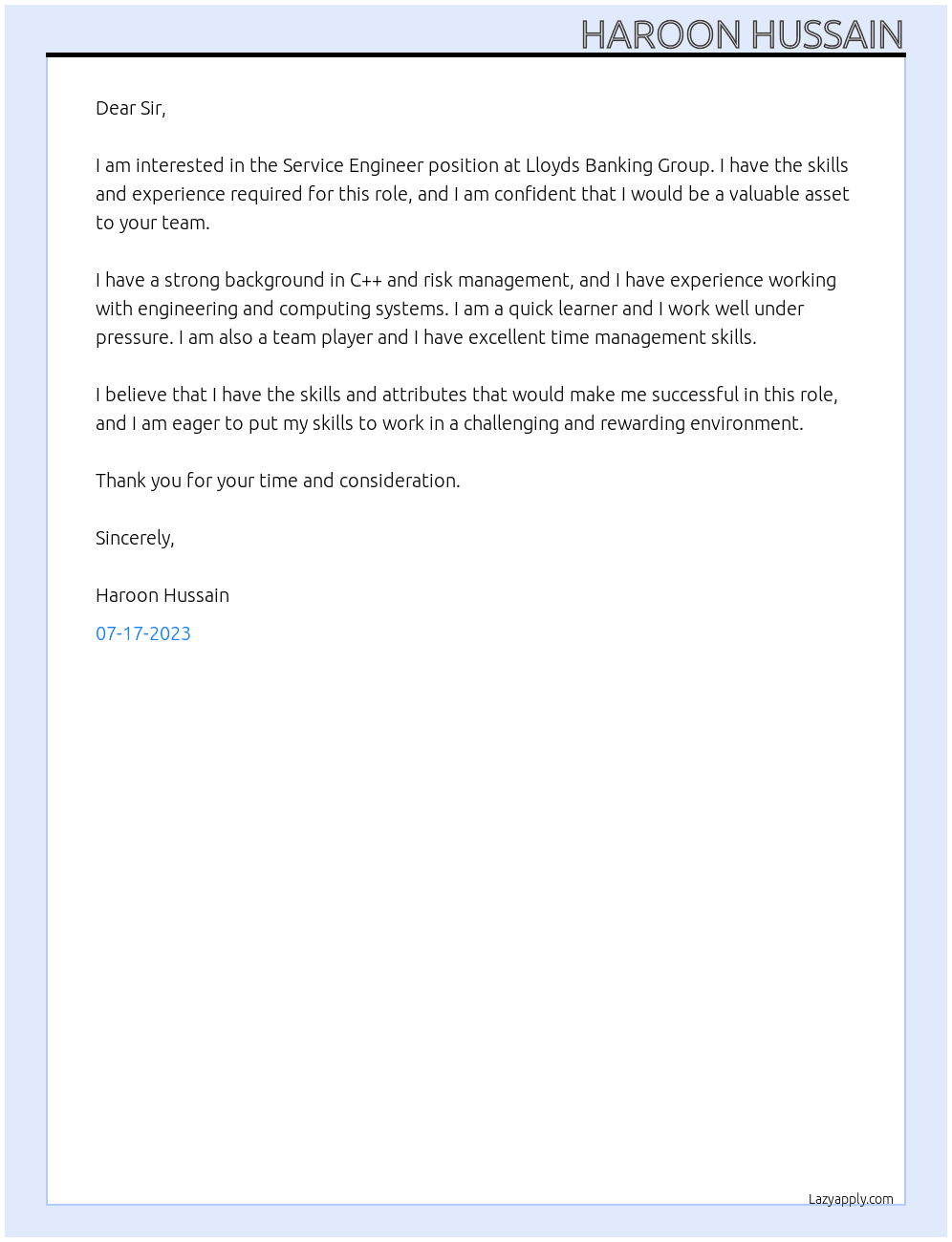 Service Engineer  At Lloyds Banking Group Cover Letter