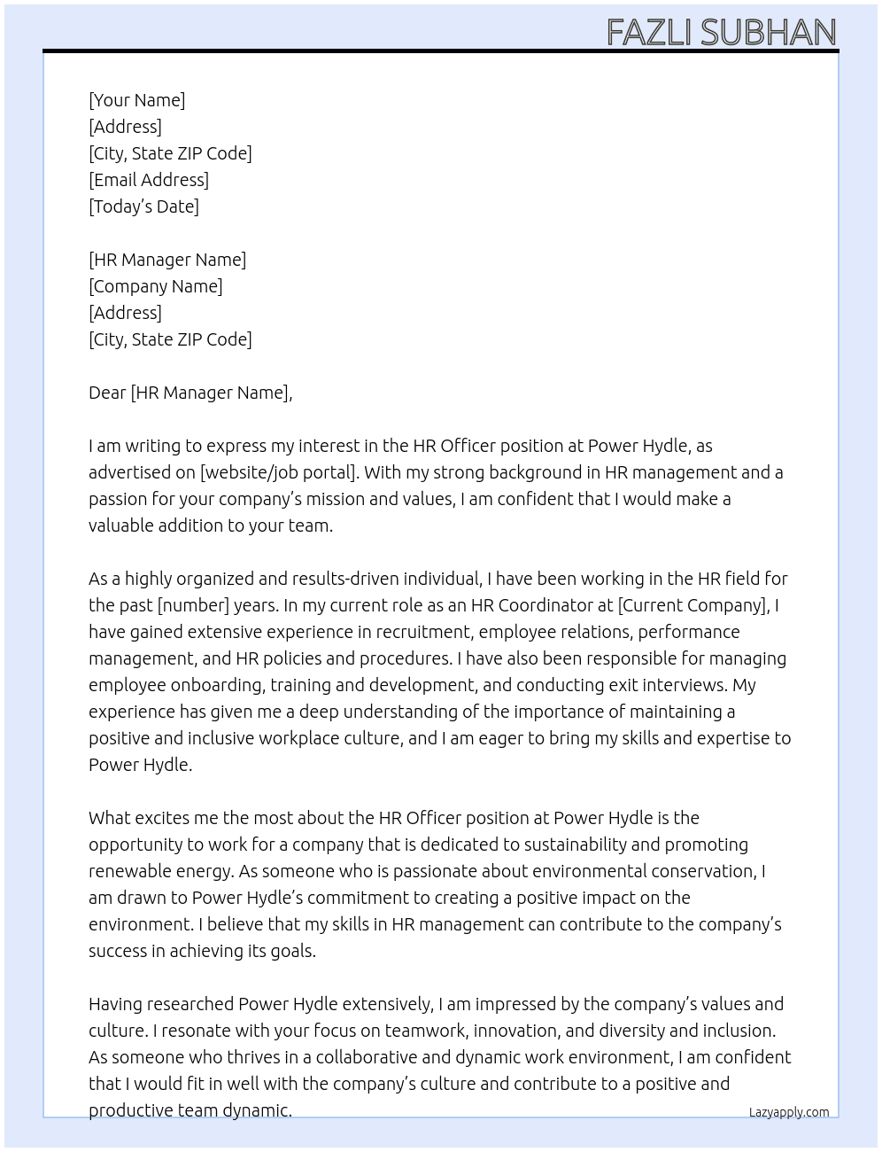 HR Officer At Power Hydle Cover Letter