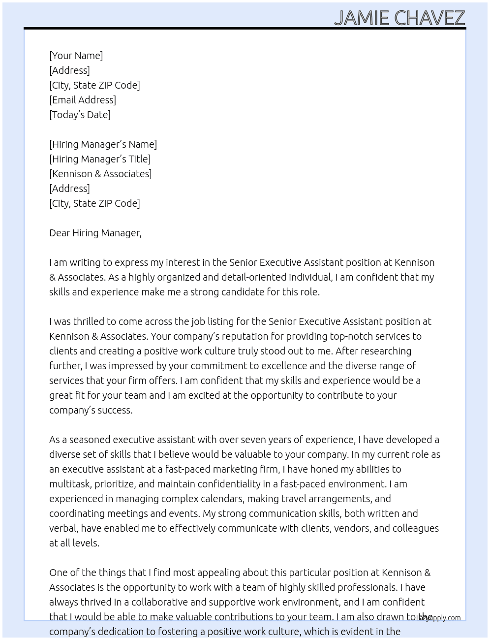 Senior Executive Assistant At Kennison & Associates Cover Letter