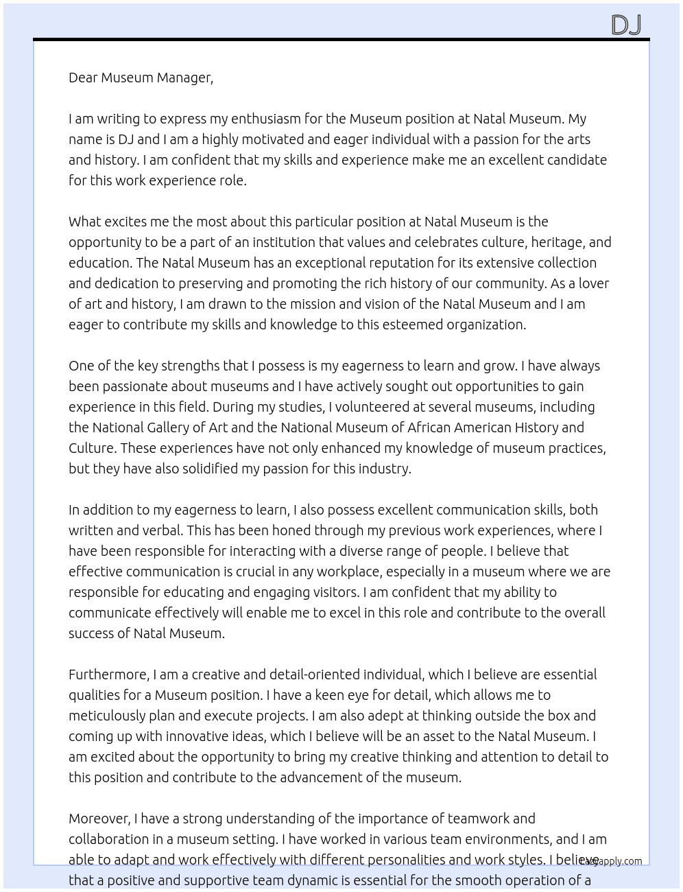 Museum At Natal musuem  Cover Letter