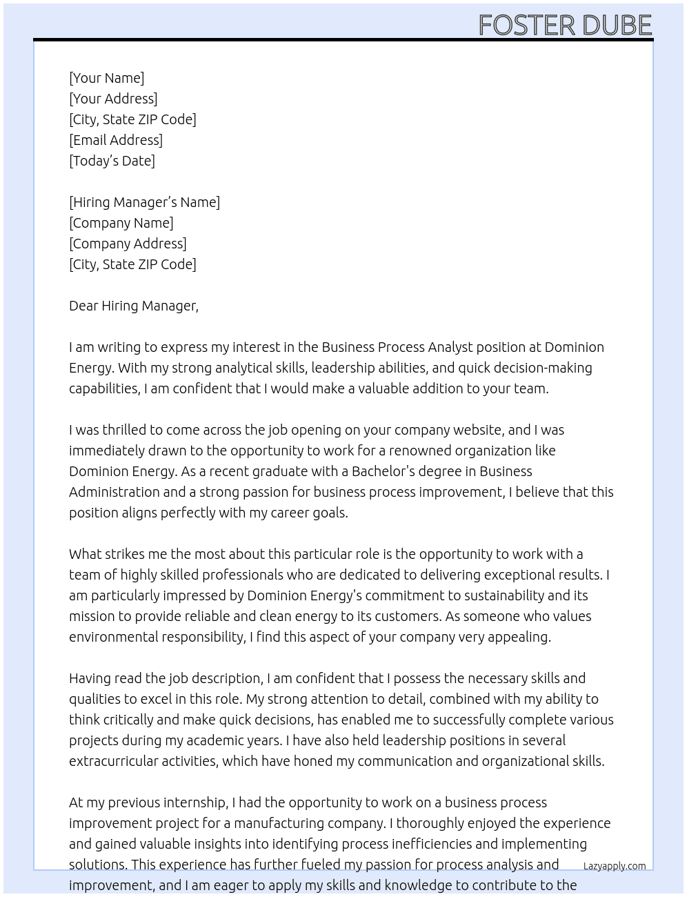 Business Process Analyst At Dominion Energy Cover Letter