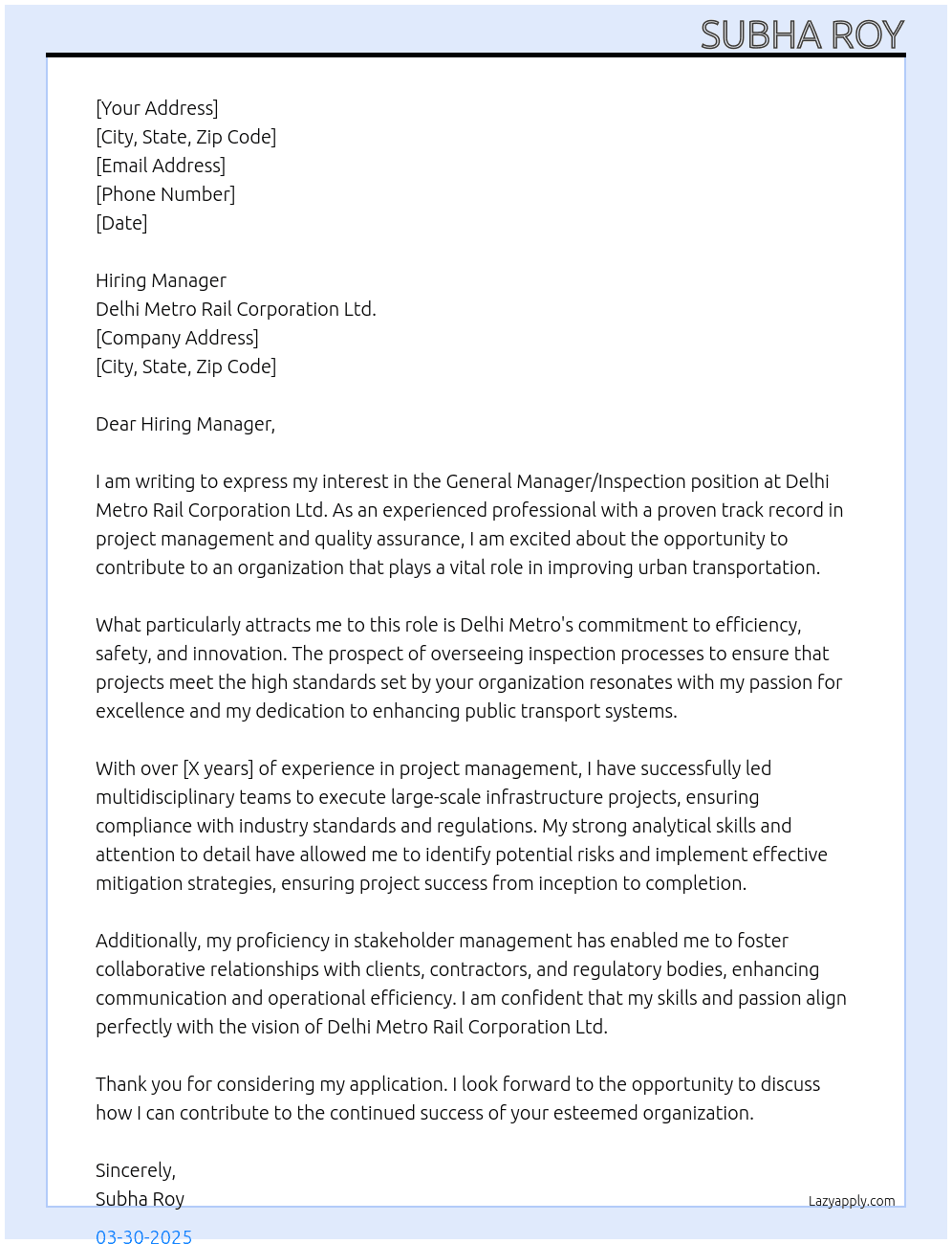 Cover letter for general manager / inspection - LazyApply
