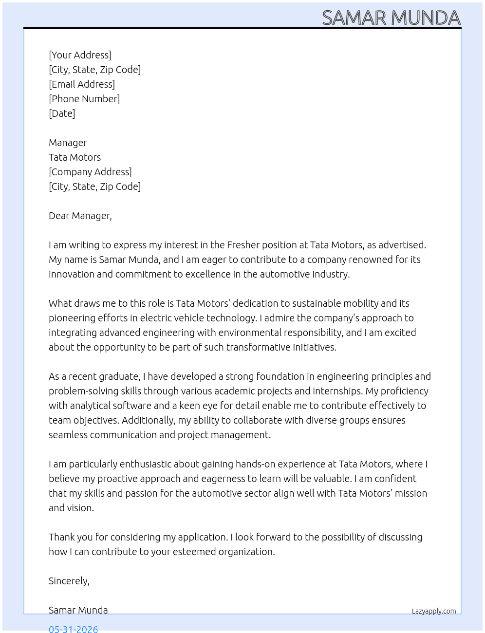 Fresher jobs  At tata motor Cover Letter