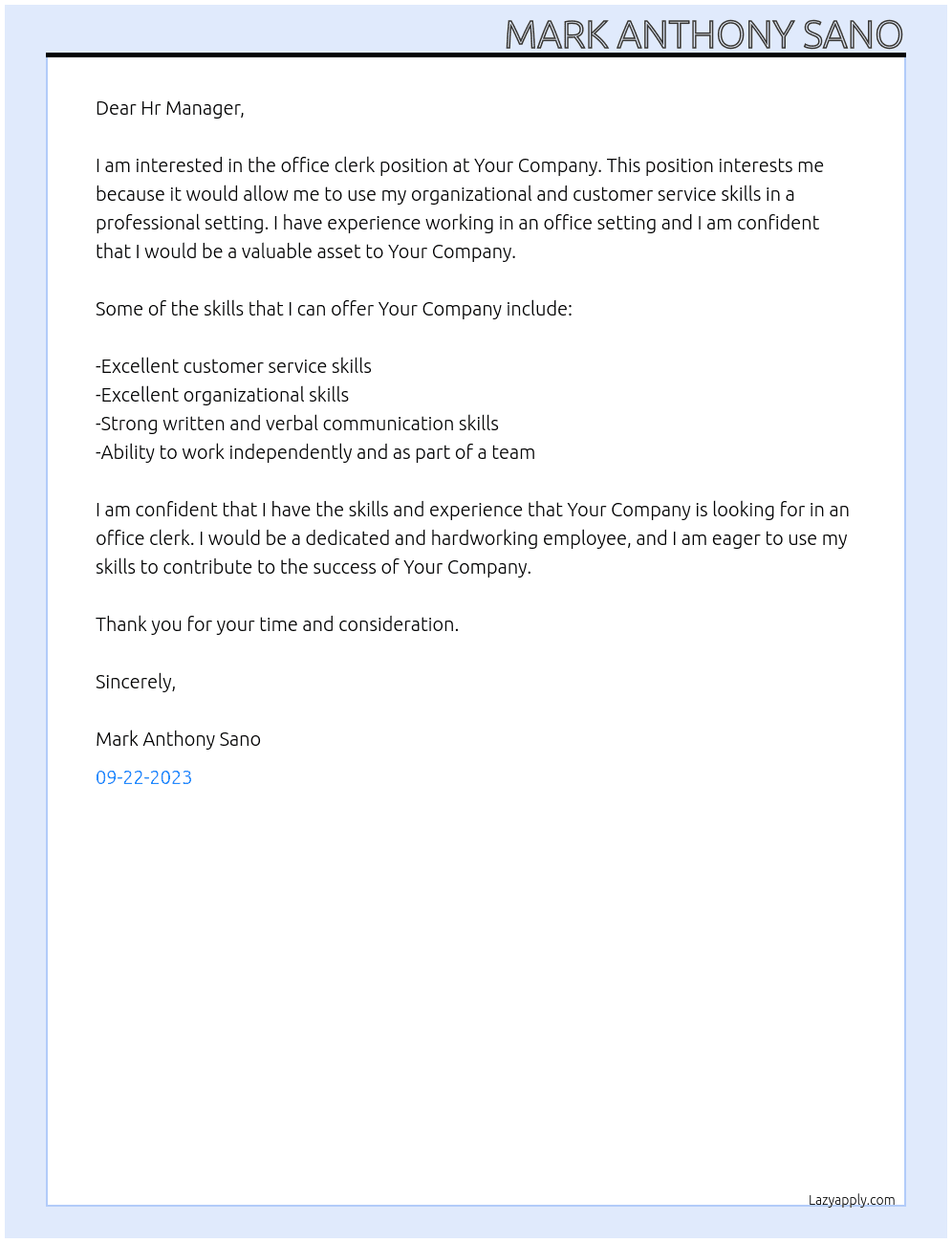 Office clerk At Your Company Cover Letter
