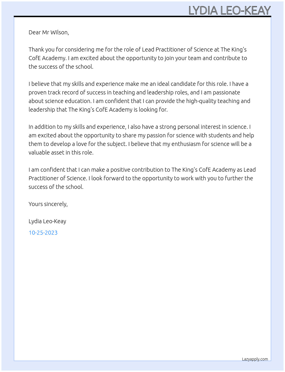 Lead Practitioner of Sceicne At The King's CofE Academy Cover Letter