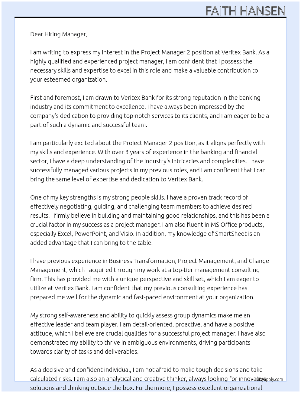 Project Manager 2 At Veritex Bank Cover Letter