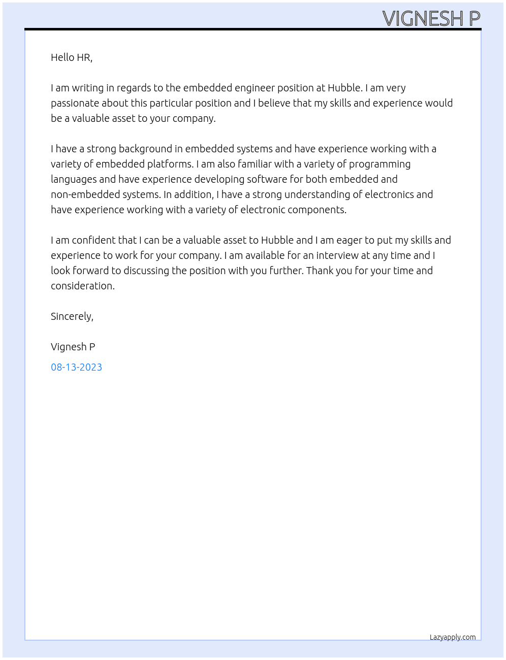 Embedded engineer  At Hubble  Cover Letter