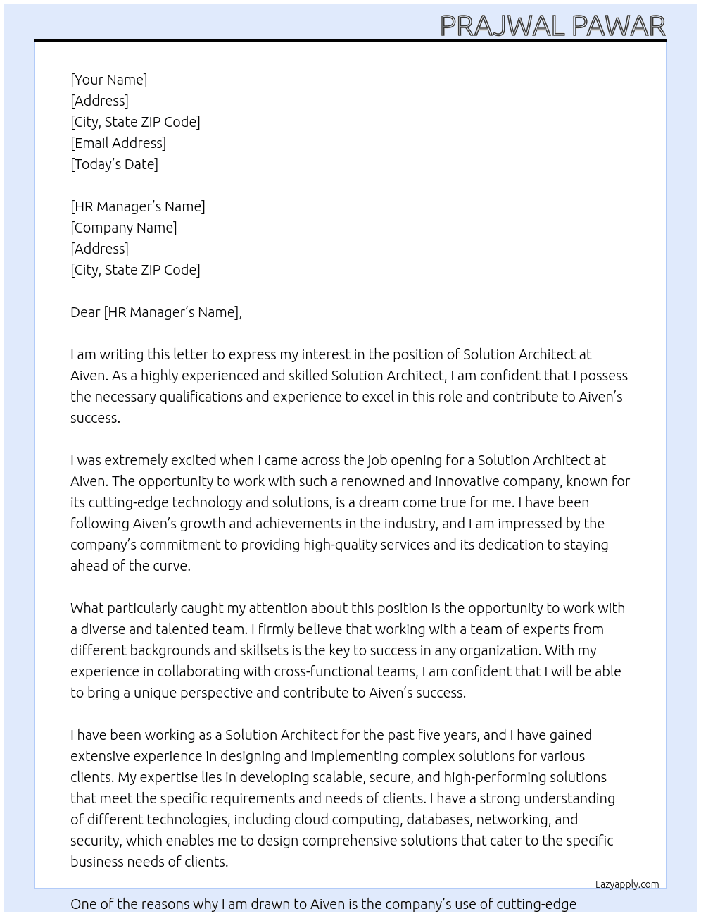 Solution Architect At Aiven Cover Letter