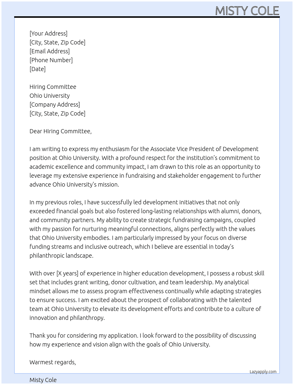 Associate Vice President of Development At Ohio University Cover Letter