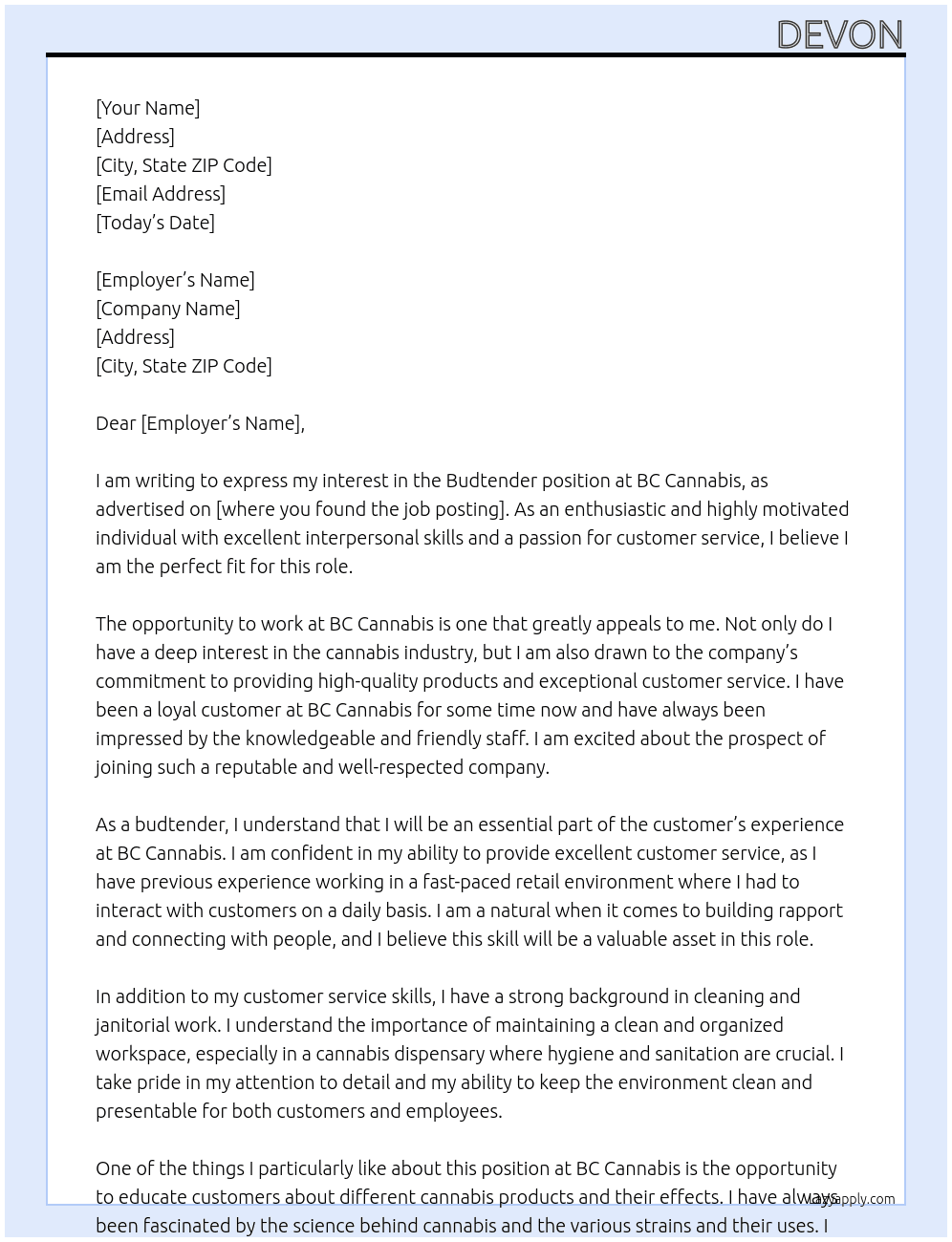 Budtender At BC Cannabis  Cover Letter