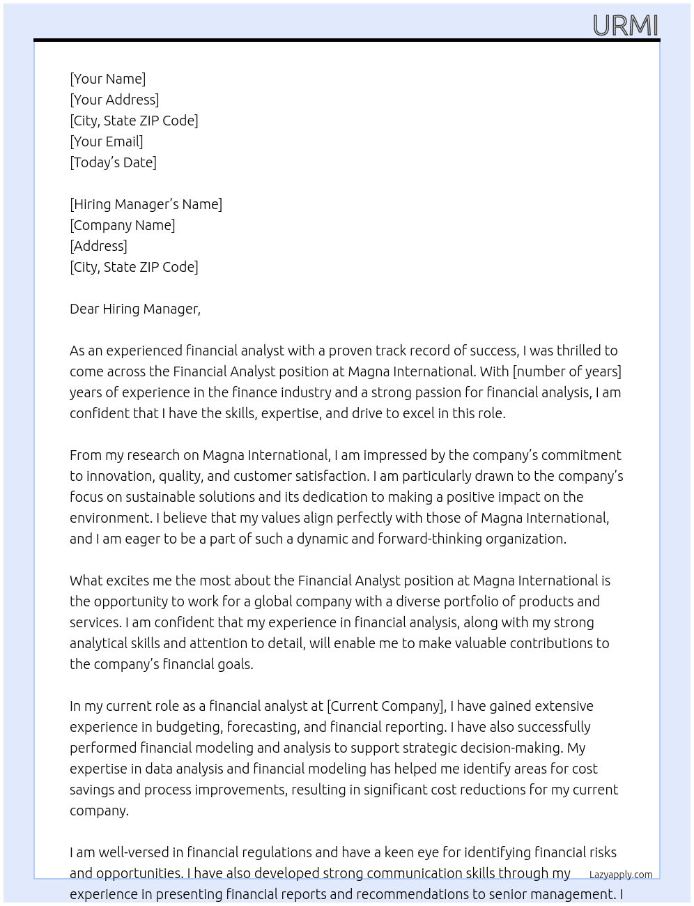 Financial Analyst At Magna International Cover Letter
