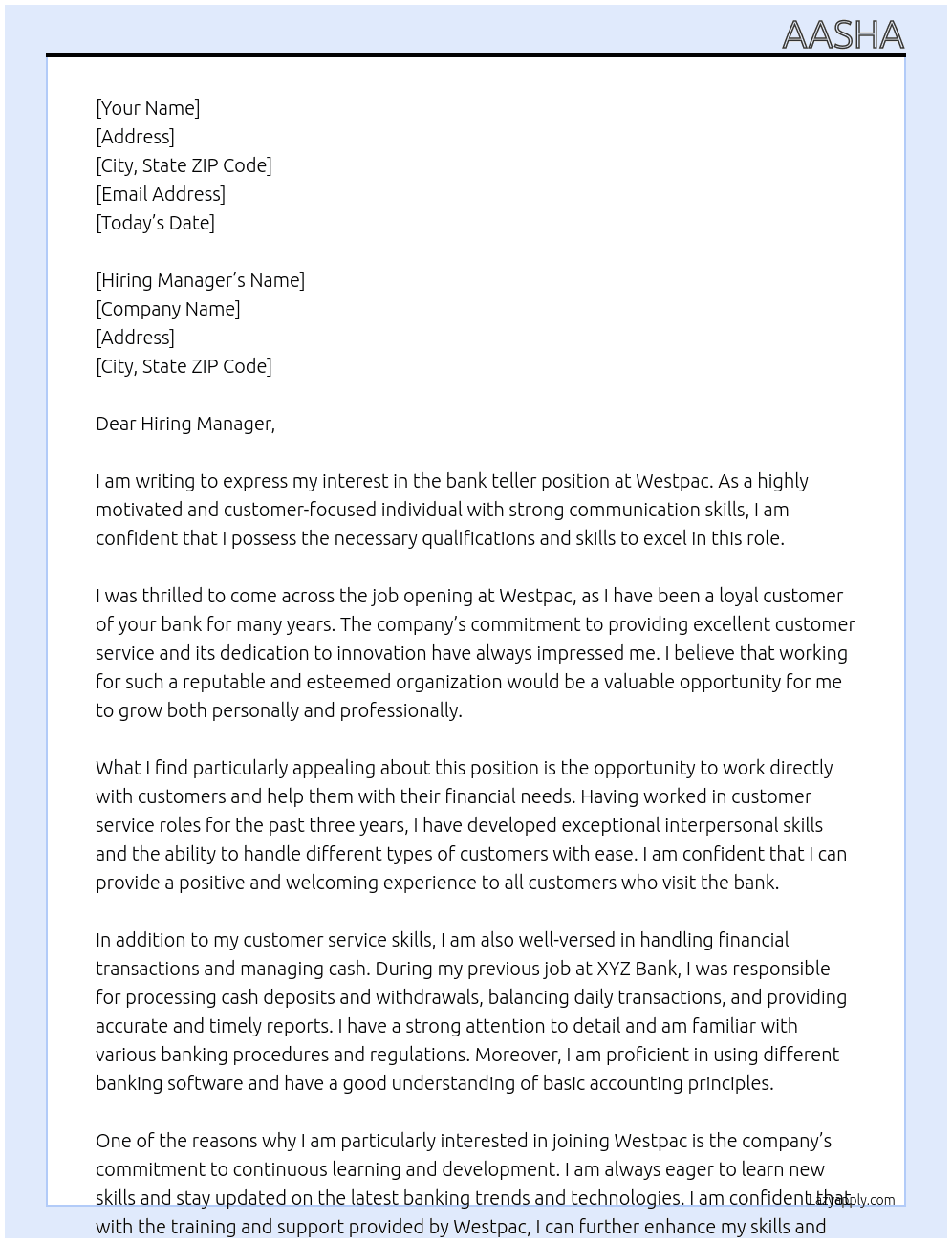 bank teller At Westpac Cover Letter