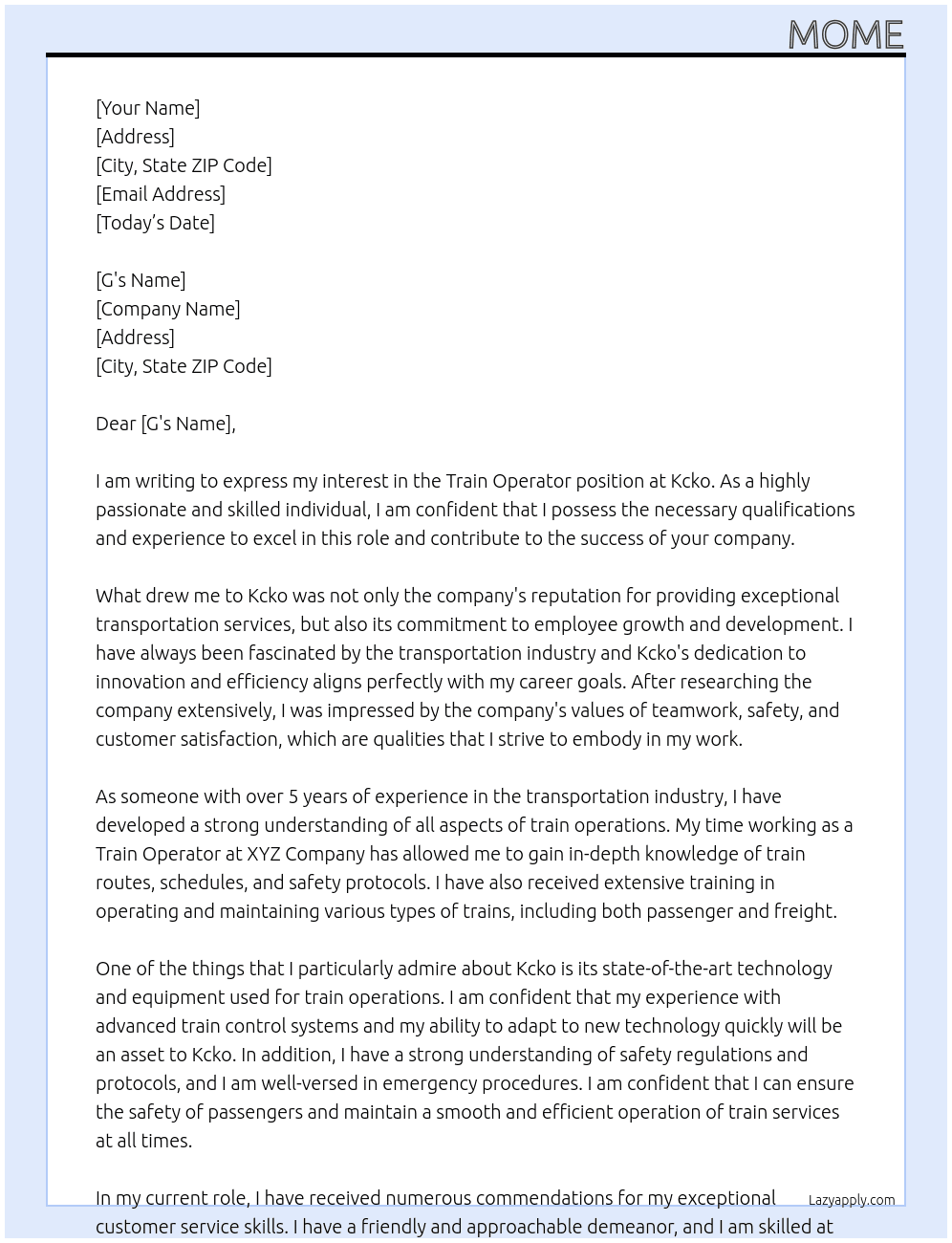 Train operator  At Kcko Cover Letter