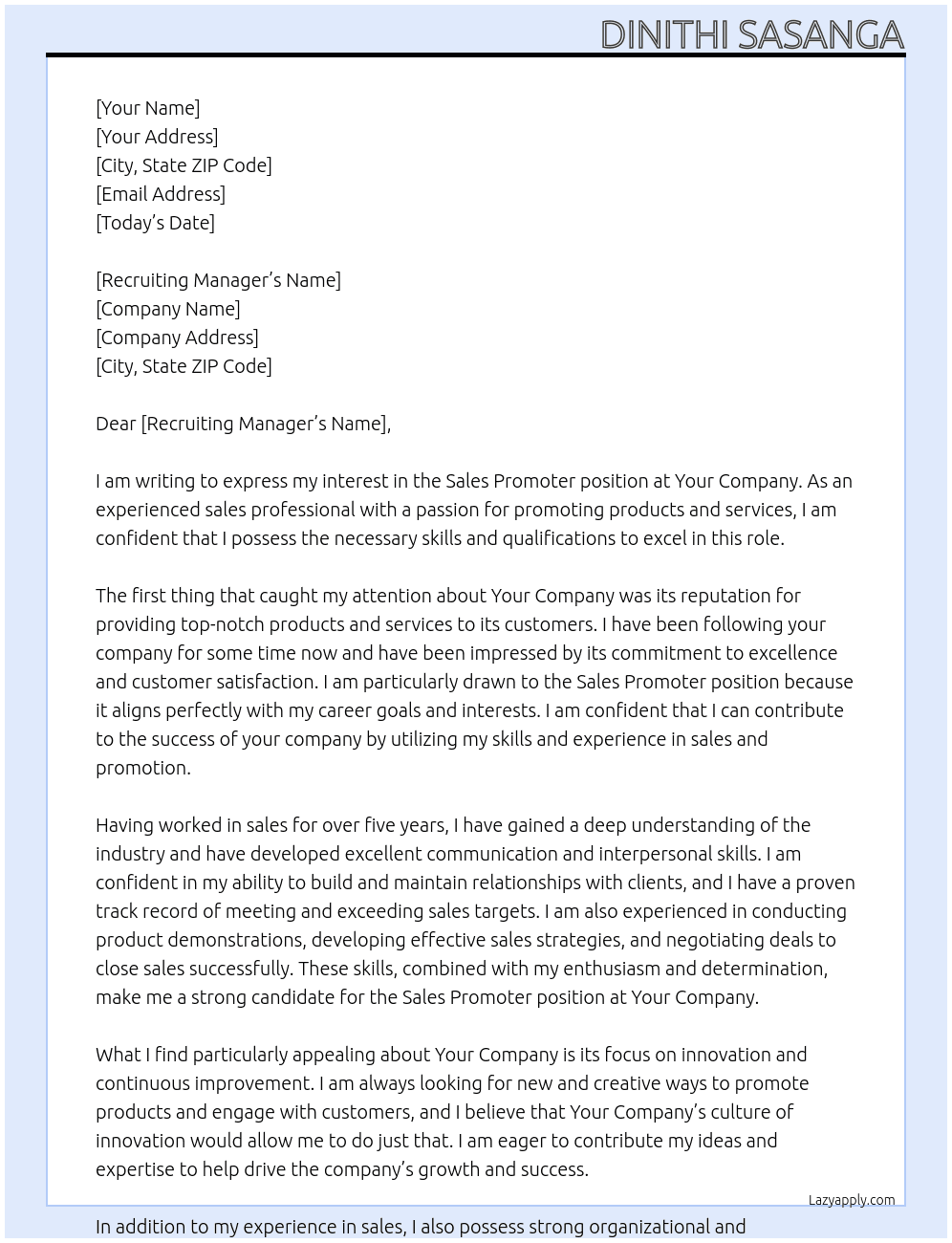 Sales promoter  At Your Company  Cover Letter