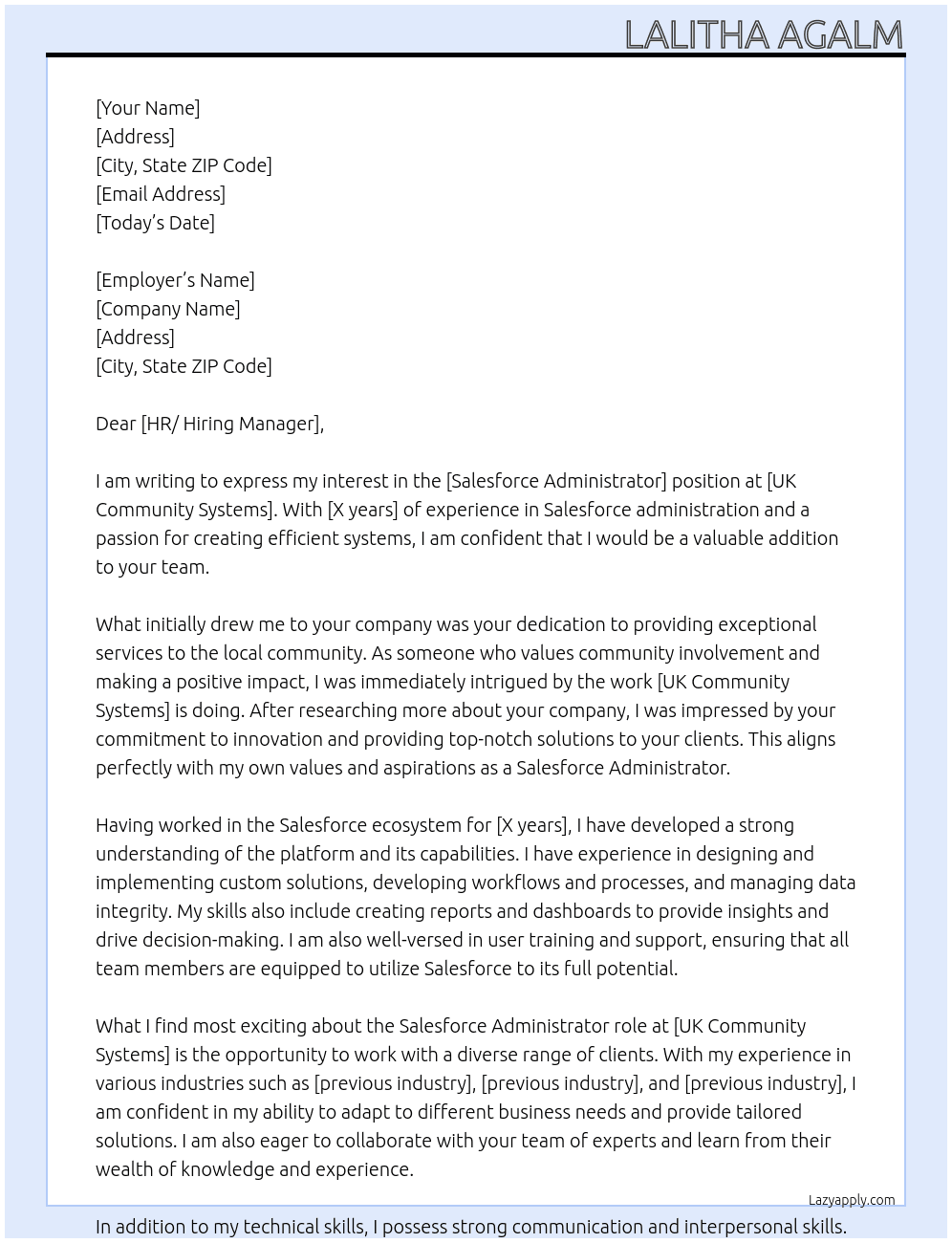 salesforce administrtor At UK community systems Cover Letter